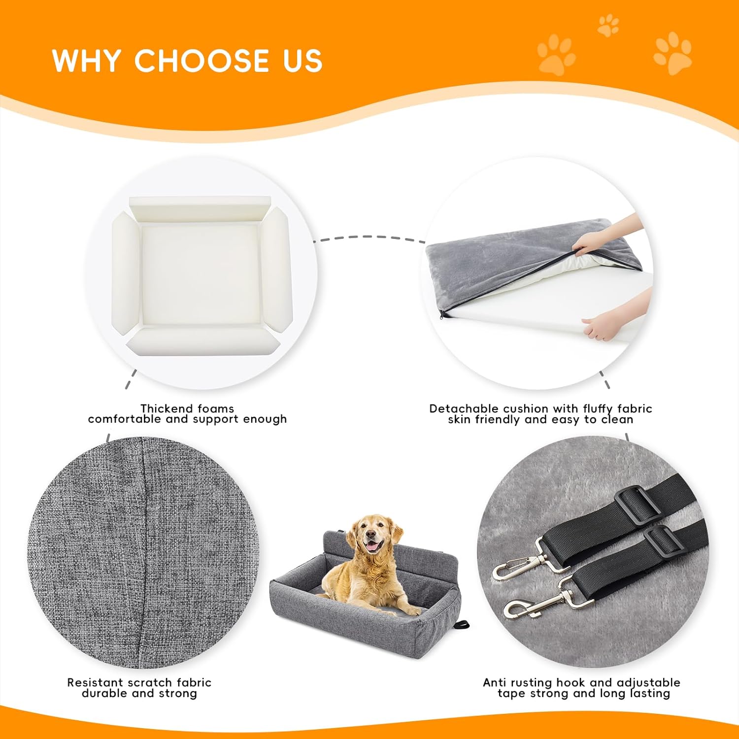 Dog Car Seat for 2 Small or 1 Medium & Large Dog with Thickend High Density Memory Foams. Large Washable Dog Booster Seat Made of Resistant Scratch Fabric and Anti Slip Bottom. (Grey, 90cm)