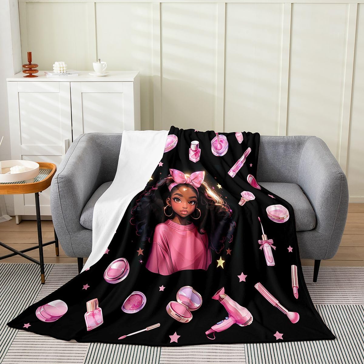 Erosebridal Black Girl Flannel Blanket Twin 60x80 Inch Bowknot Fleece Blanket Stars Hair Dryer Lipstick Pattern Fuzzy Plush Throw Powder Compact Nail Polish Living Room Decor