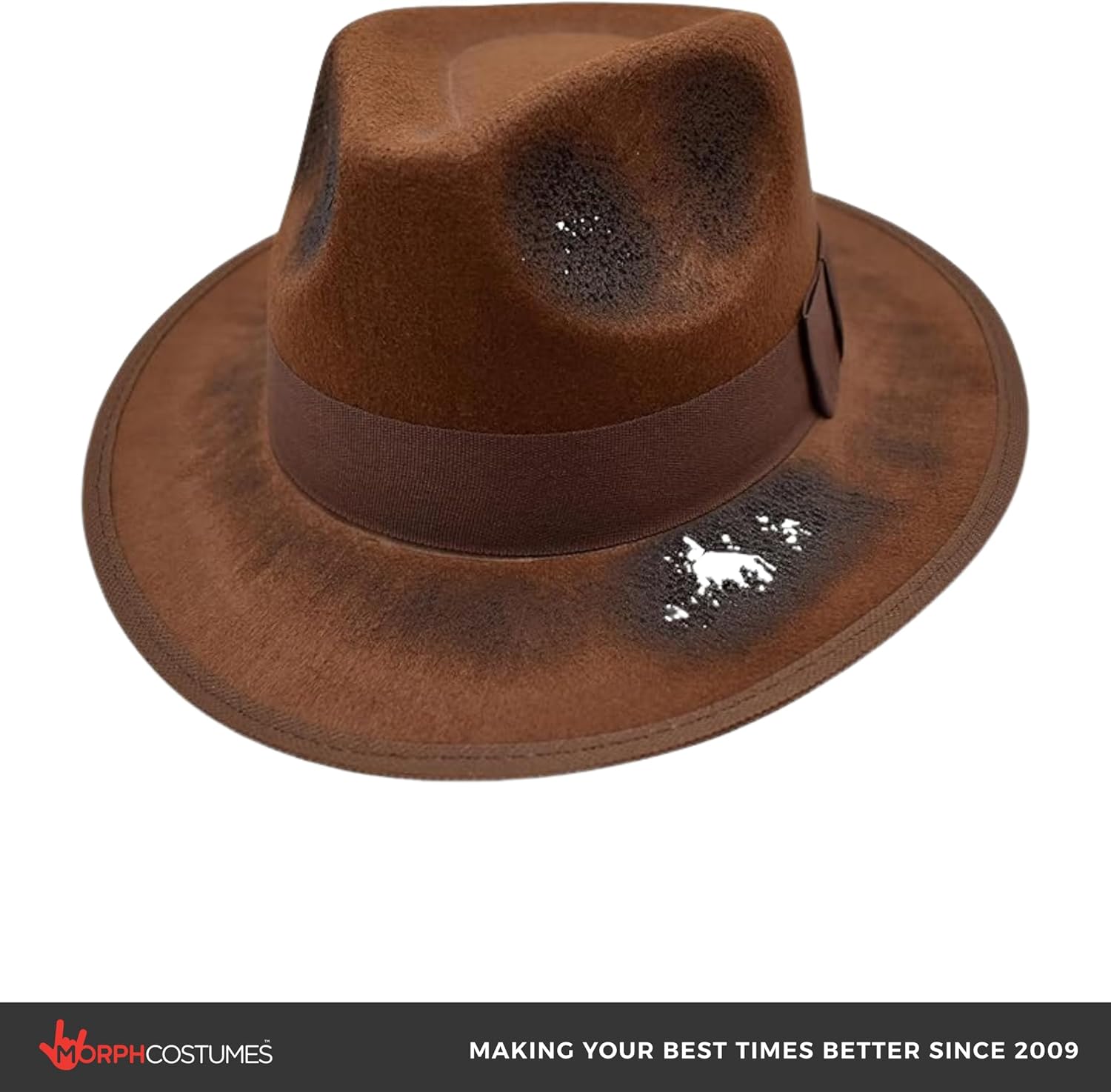 Nicky Bigs Novelties Morph Adult Tattered Burned Brown Fedora Hat - Brown Zombie Scary Nightmare Creeper Hats - Horror Movie Killer Cosplay Halloween Costume Accessory, Adjustable Size