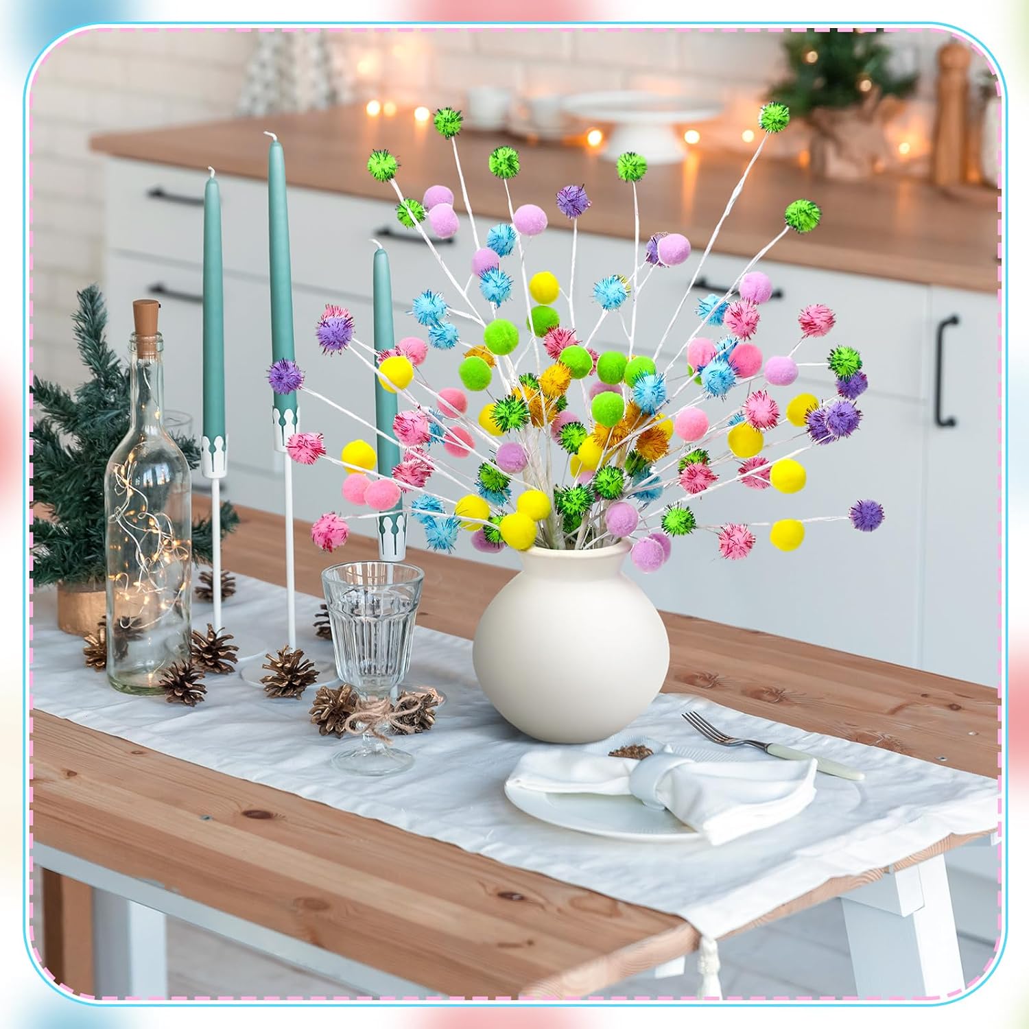 Janinka 8 Pcs Pastel Christmas Picks Macaron Glowing Fur Ball Xmas Tree Picks Christmas Decorations Macaron Hairball Xmas Tree Topper for Vase Fillers DIY Crafts Displays Home New Year image 5