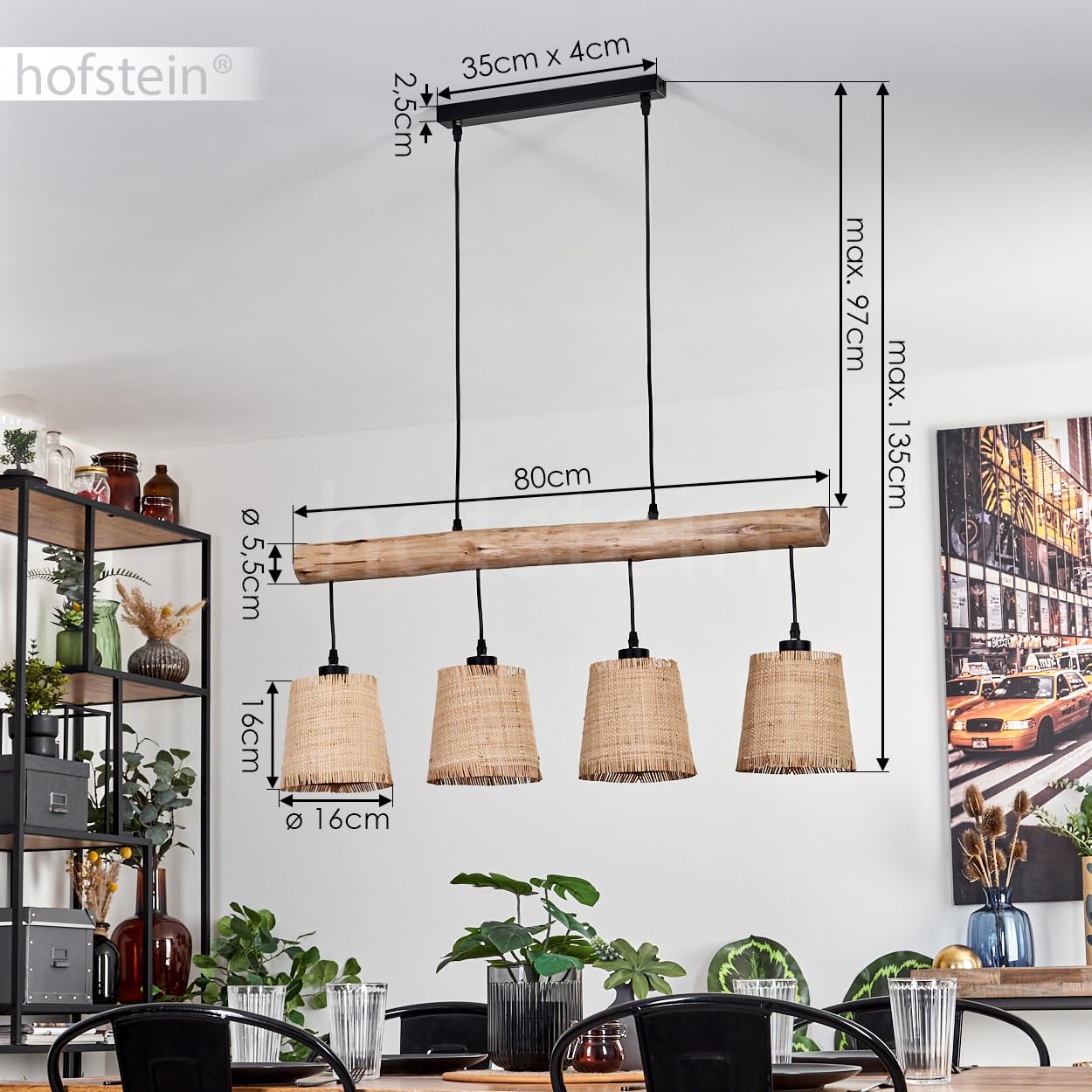 Lámpara colgante Soungou, moderna lámpara colgante de madera/metal/bastón en natural/negro/beige, lámpara colgante de 4 luces en diseño escandinavo, altura máx. 135 cm, 4 x E27, sin bombillas