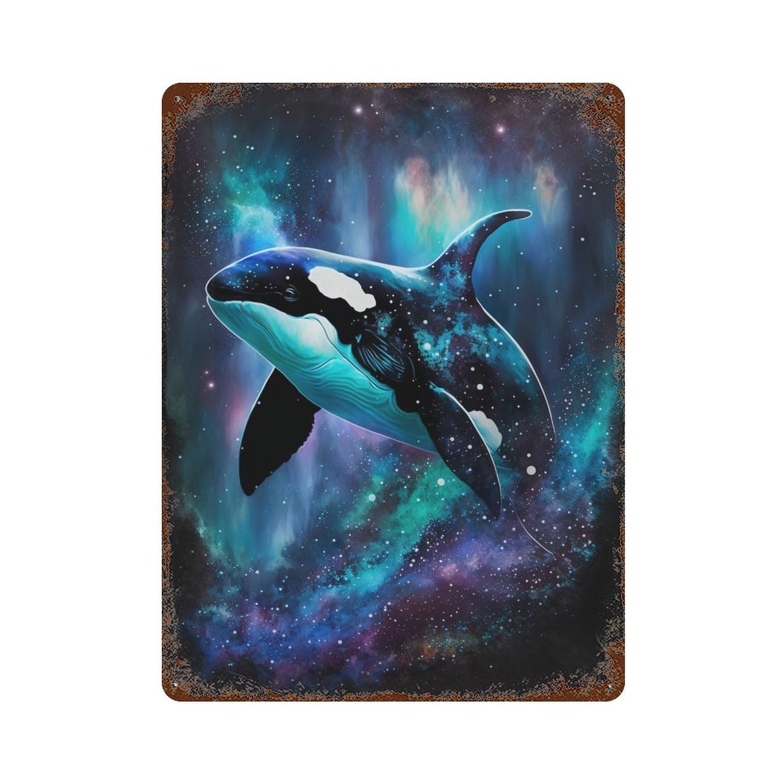 Weathered Tin Sign with Whale in Space Art Print-7 Design 15.7"x11.8", for Office, Studio And Wall Decor, Retro Wall Decor