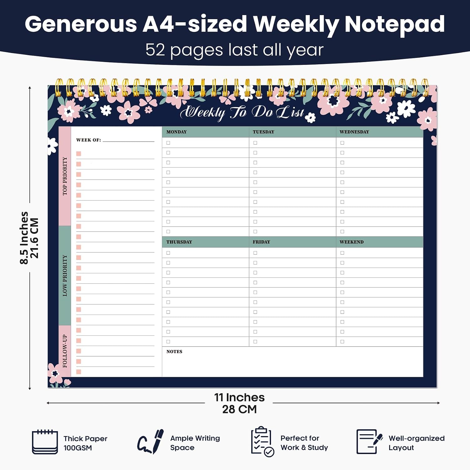 Weekly To Do List Notepad with 52 Undated Sheets（8.5"×11"）- Undated Weekly Planner Notepad for Office Desk Accessories and Supplies - Navy Blossom image 3