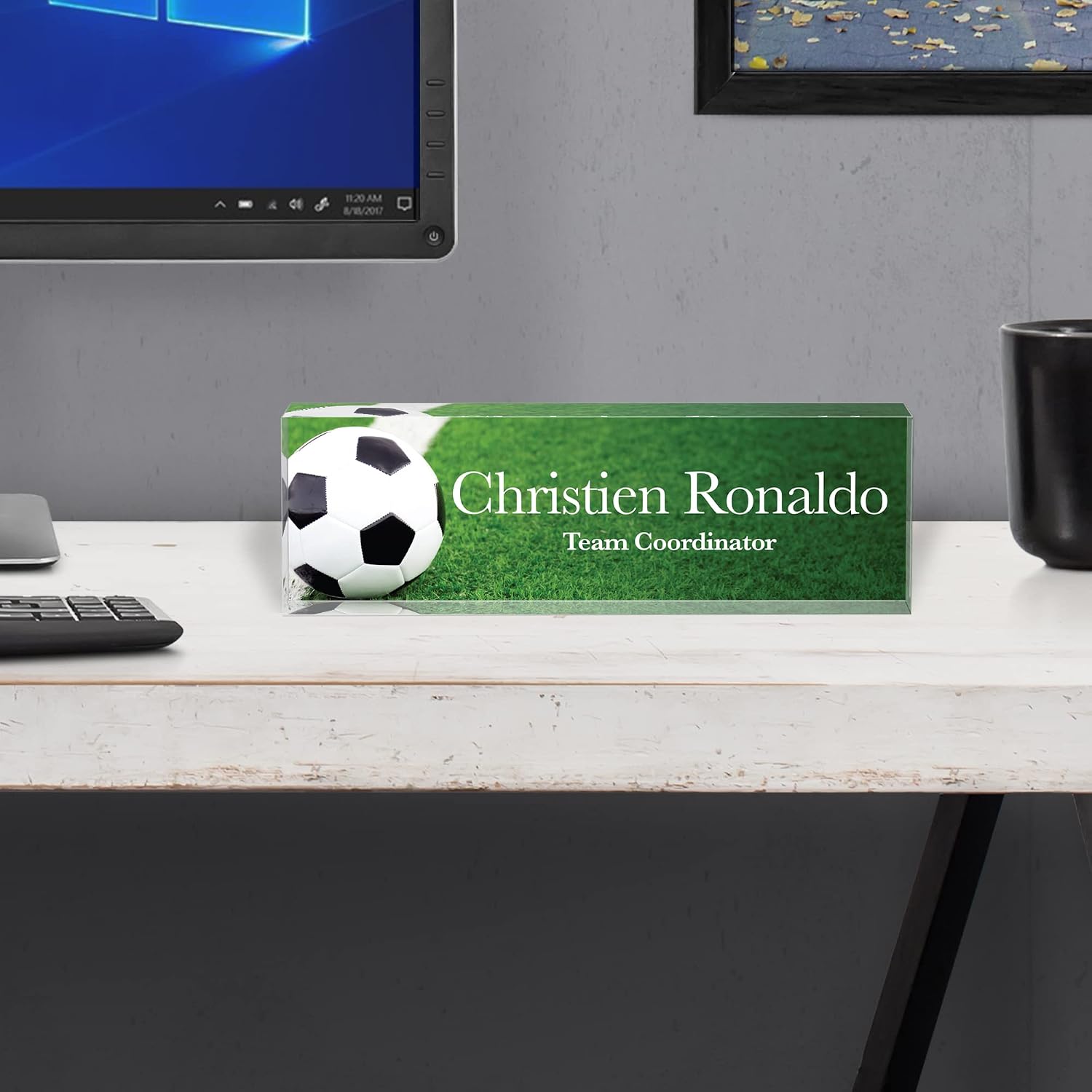 Infusion Personalized Office Desk Name Plate Acrylic Glass Block (8 x 2.5 x 1.25'', Soccer Ball) image 2