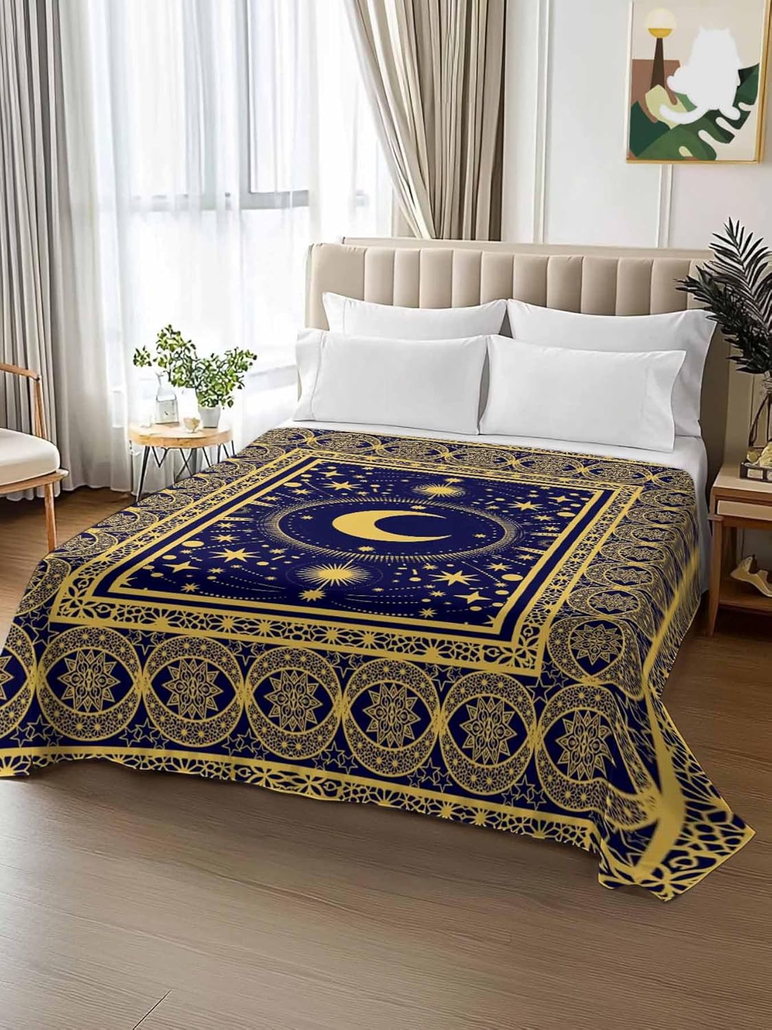 King Flat Sheet Only Bed Sheets Yellow Moon Star Dark Blue Microfiber Breathable Bedding Flat Sheet, Traditional Ethnic Style Soft Top Sheets for Bedroom Living Room Sofa