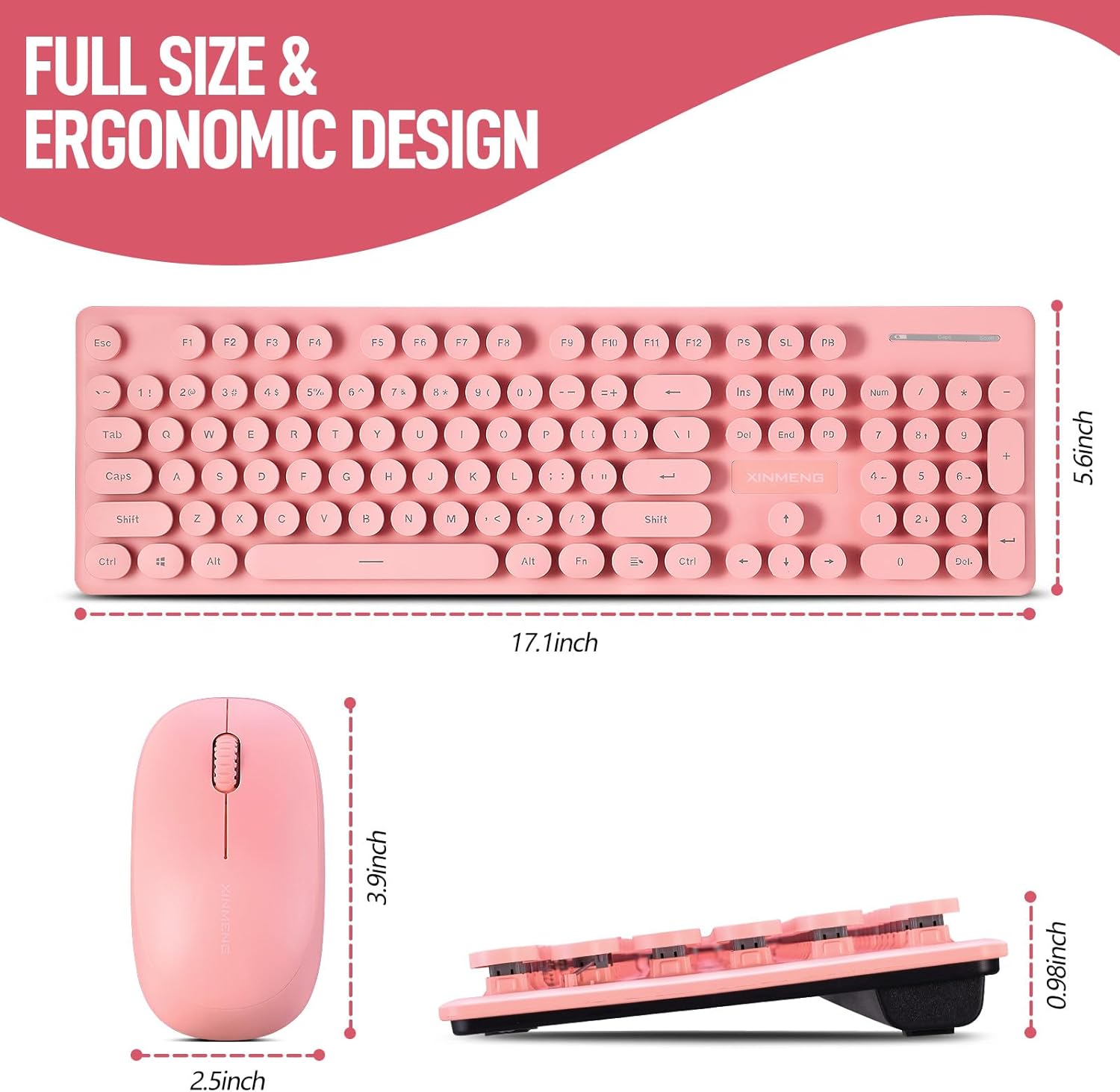 Wireless Keyboard and Mouse Combo, Full Size Compact Quiet Wireless Keyboard and Mouse Set 2.4G Ultra-Thin Sleek Design for Windows, Computer, Desktop, PC, Notebook, Laptop,Round Keys Pink