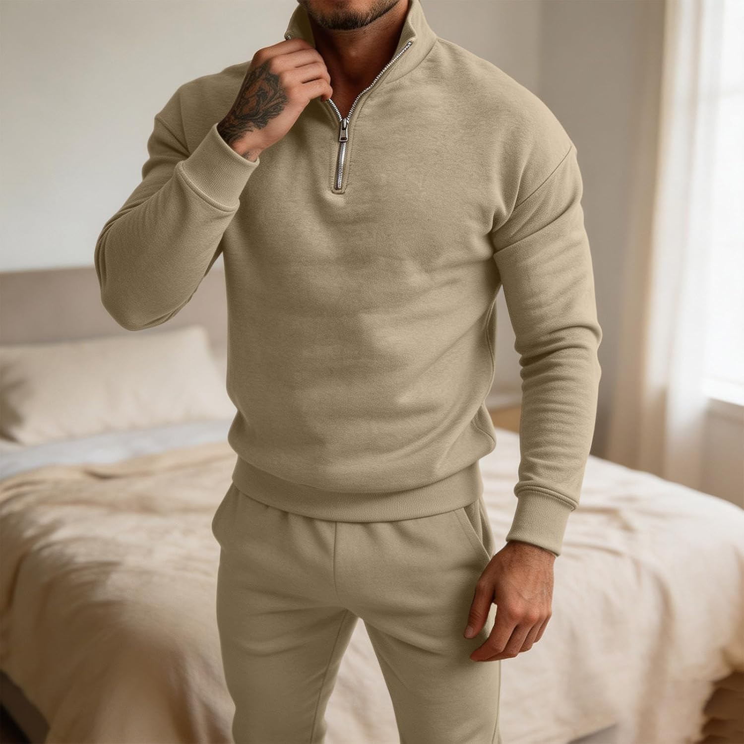 Men's Quarter Zip Sweatshirt Set Jogger Pants 2 Piece Tracksuit