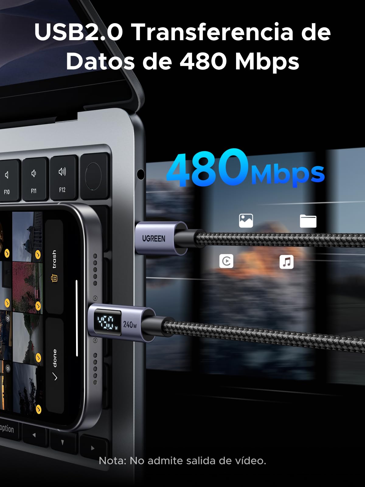 UGREEN Cable USB C PD3.1 240W, Tipo C Carga Rápida con Pantalla LED, Compatible con Macbook Air, iPhone 17 Pro Max Air/16/15 Plus Pro Max, Galaxy S26/S25 Ultra, Pixel 10/9/8, etc. 2M