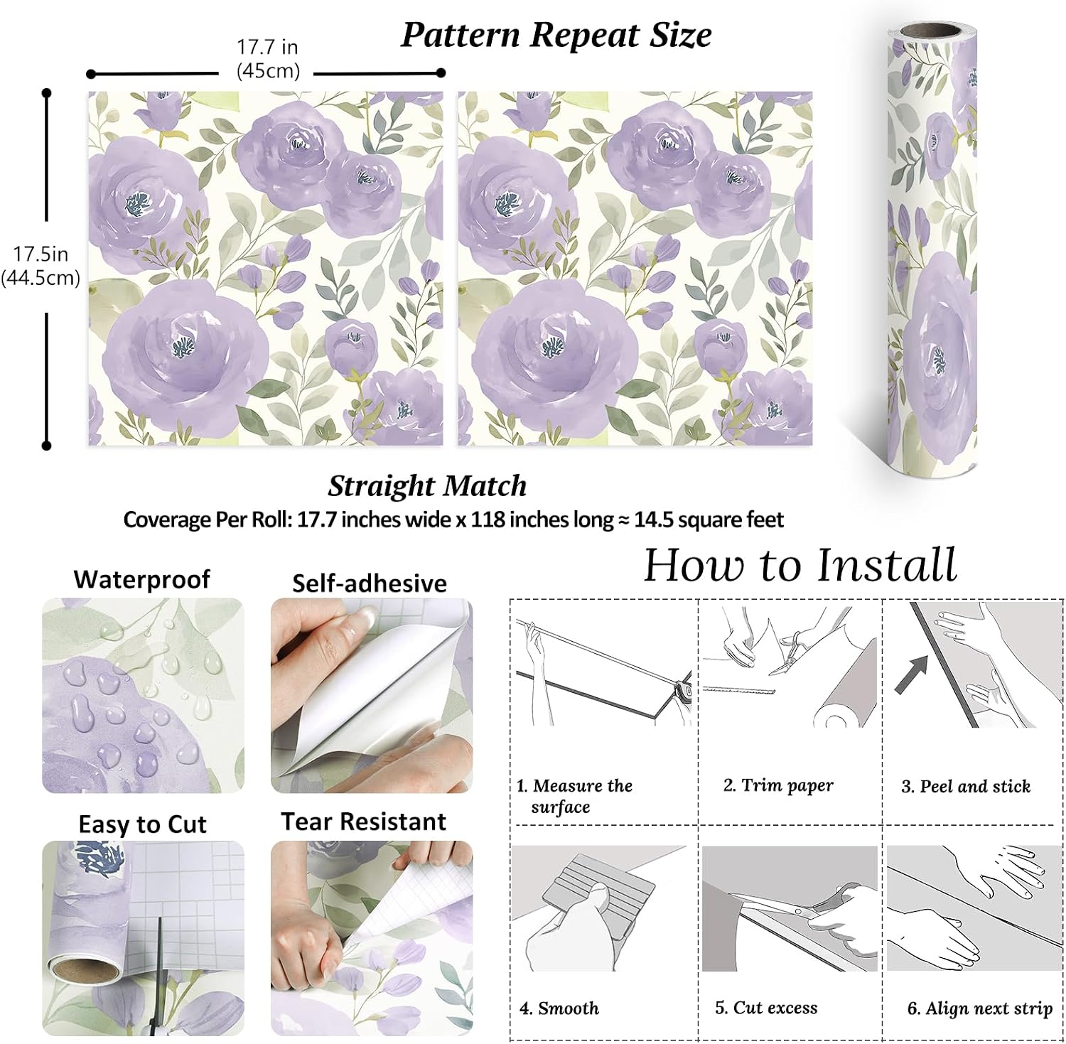 VEELIKE Soft Lavender Purple Peony Peel and Stick Wallpaper Vintage Lilac Floral Wallpaper for Girls Bedroom Nursery 17.7''x118'' Self Adhesive Removable Floral Contact Paper for Cabinets Accent Walls