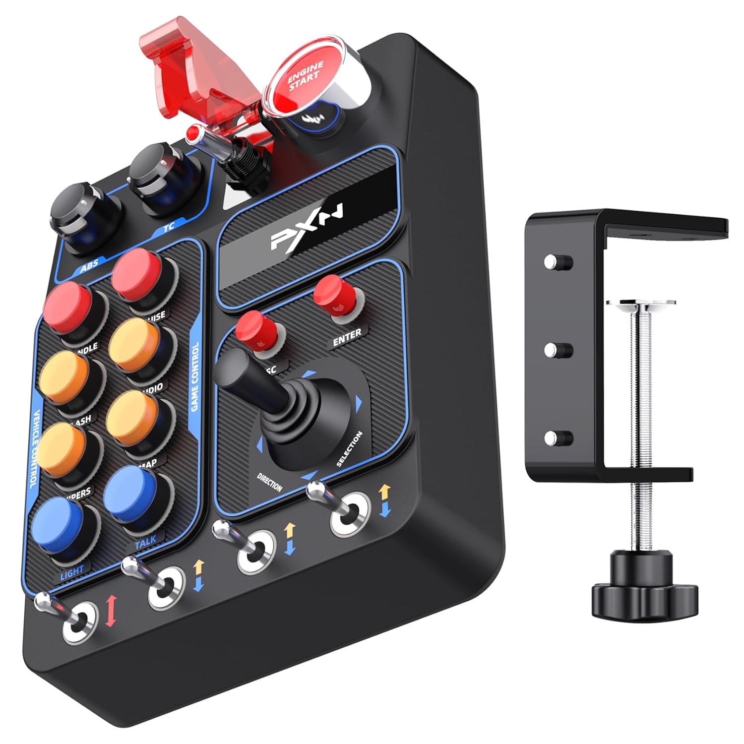 PXN CB1 PC Button Box – Programmable Sim Control Panel with 19 Buttons & Switches, RGB Backlit, Driver-Free USB, Desk & VESA Mount, for Gaming Steering Wheel Setup, Racing, Truck & Farming Sims