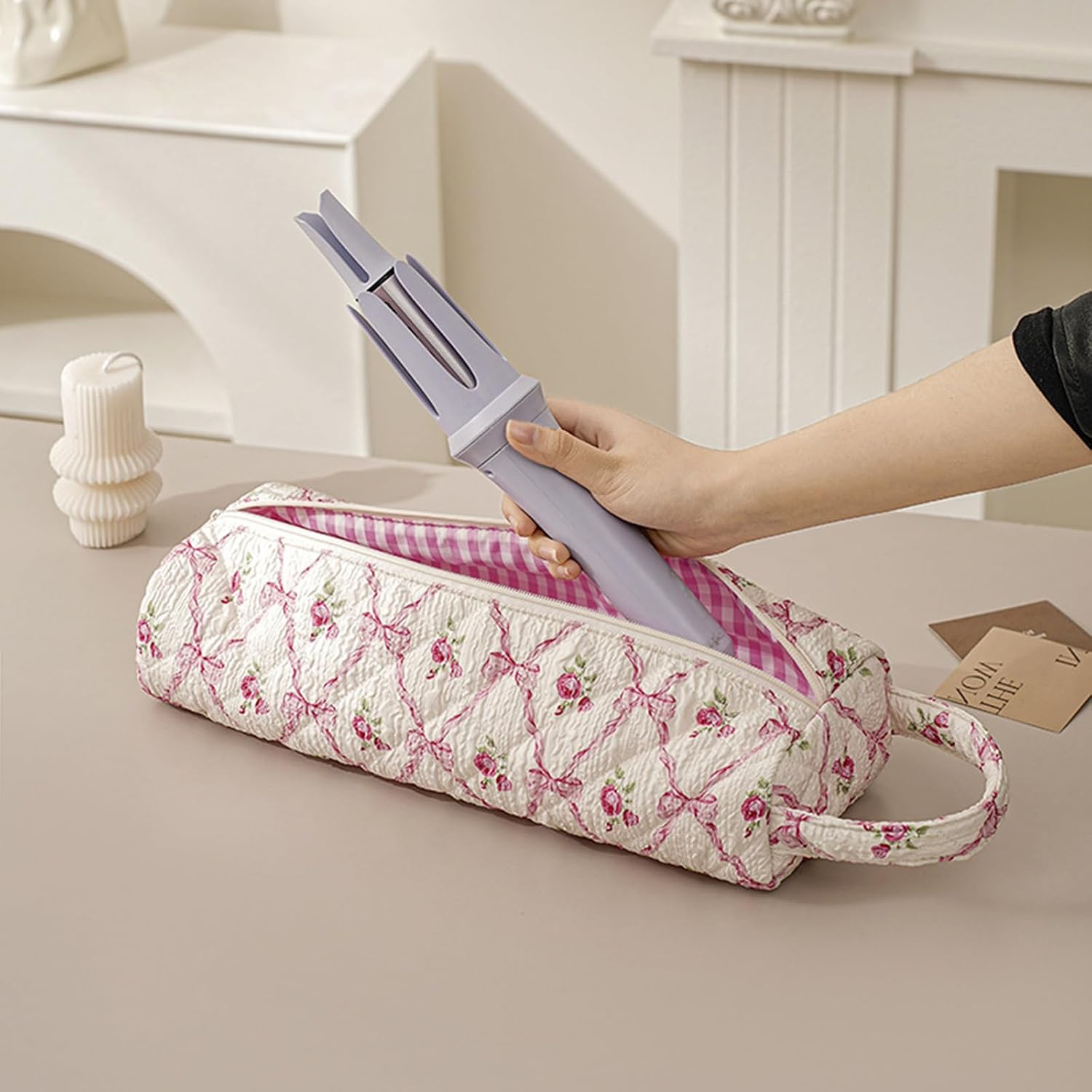 Portable Quilting Cotton Hair Dryer Storage Bag Large Capacity Carrying Case with Handle Print Storage Bag