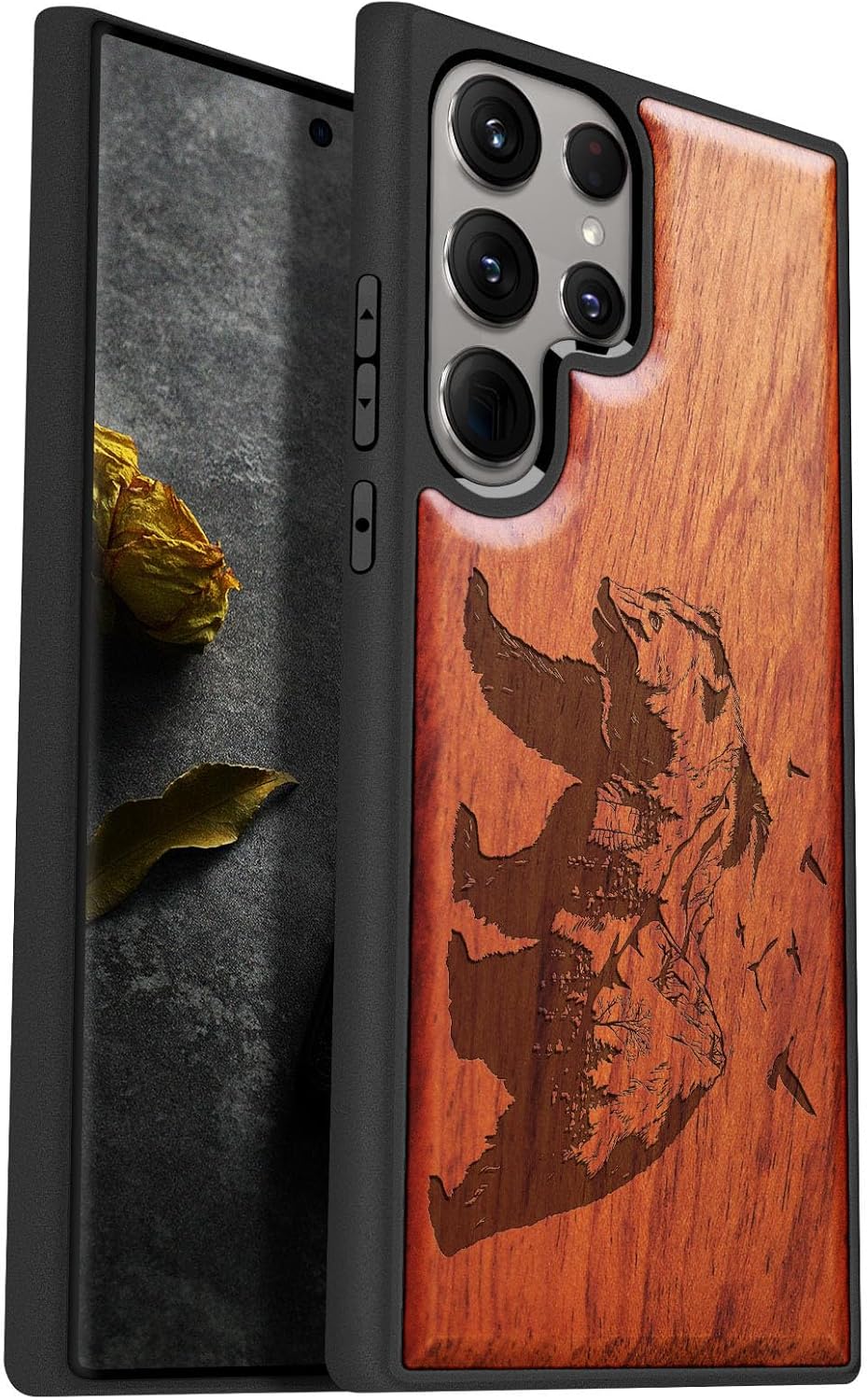 Carveit Wood Case for Galaxy S24 Ultra Case [Natural Wood & Black Soft TPU] Shockproof Protective Cover Unique Wooden Design Compatible with Samsung S24 Ultra (Bear and Valleys-Rosy)