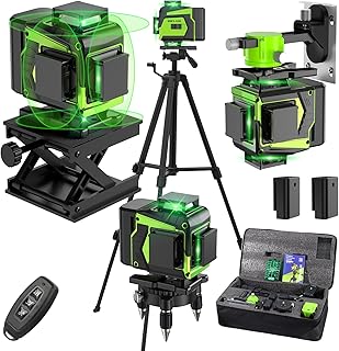 Nivel Laser Autonivelante 360 Grados con Trípode, Nivel Láser Verde 16 Líneas, 2 x 360 Horizontal y 2 x 360 Verticales, 2 x Batería, Montaje en Pared, Control Remoto, Base Magnética, Soporte Giratorio