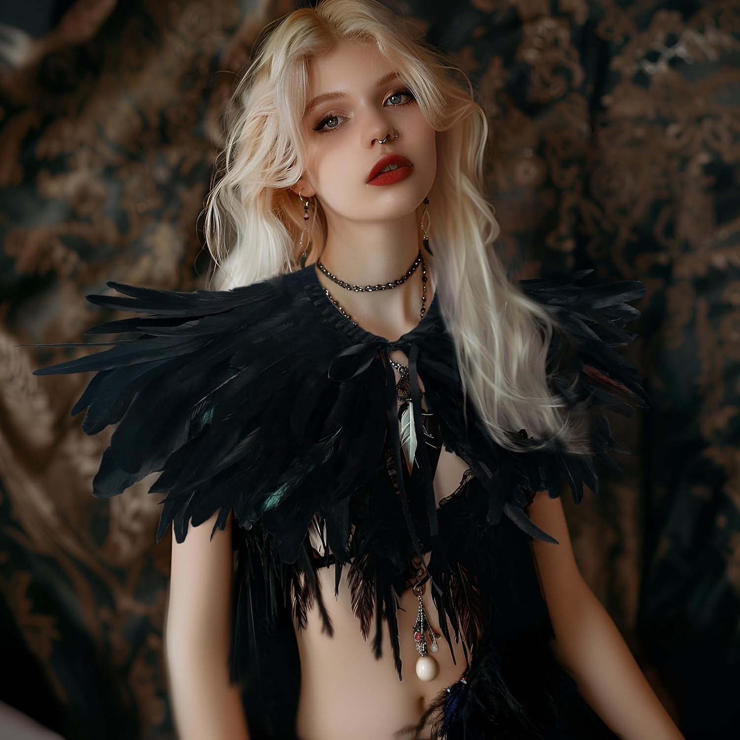 HOMELEX Black Witch Feather Collar Crow Shawl Costume Halloween Swan Wings Accessories Cape for Women - Image 3