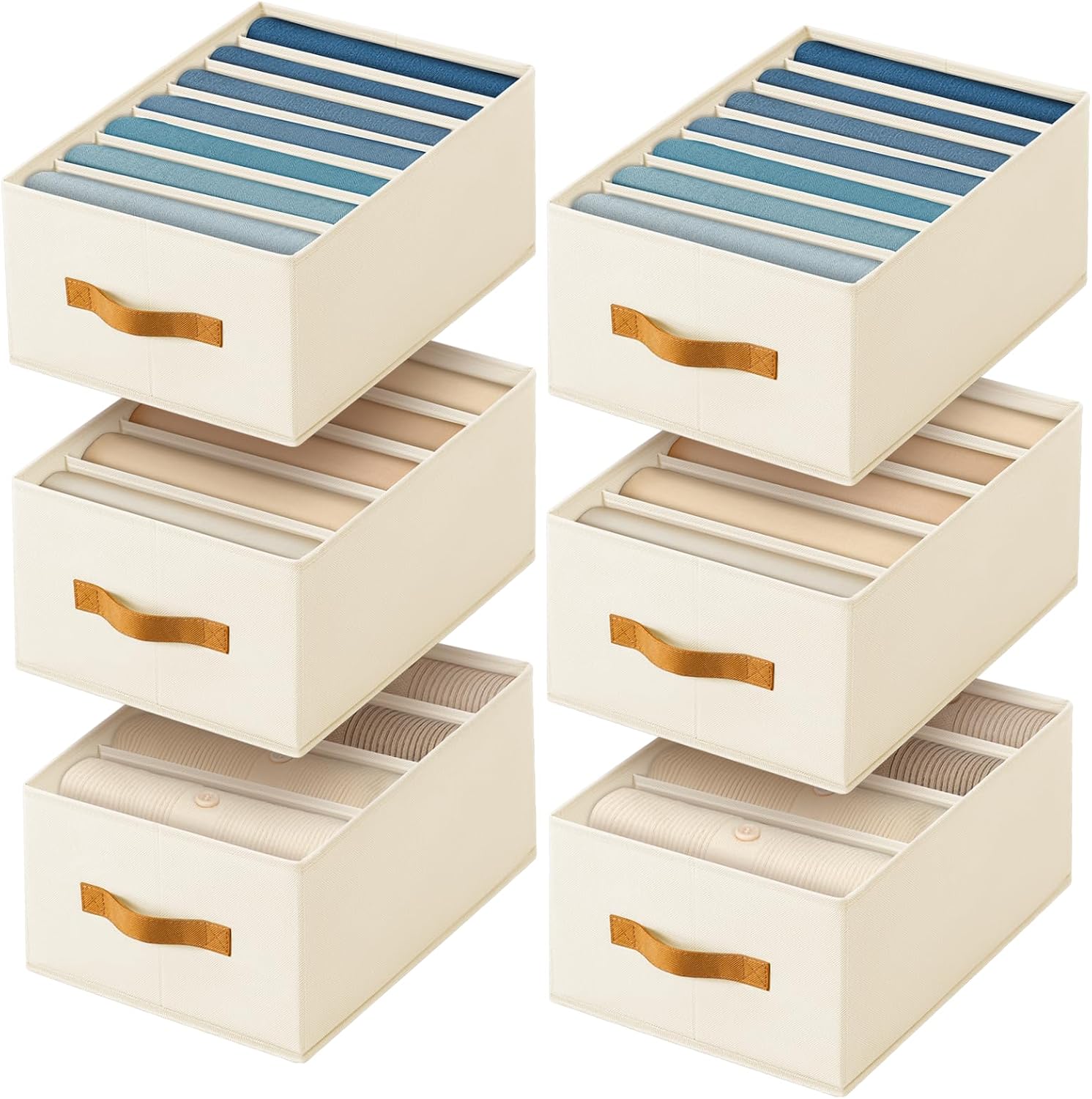 Clothes Organizers and Storage - 4/5/7 Grids Fabric Jeans Organizer with Handles, Foldable Closet Organizers Dividers, Wardrobe organizer for Pant, Sweater, T-shirt, Scarf, 6 Pack, Beige