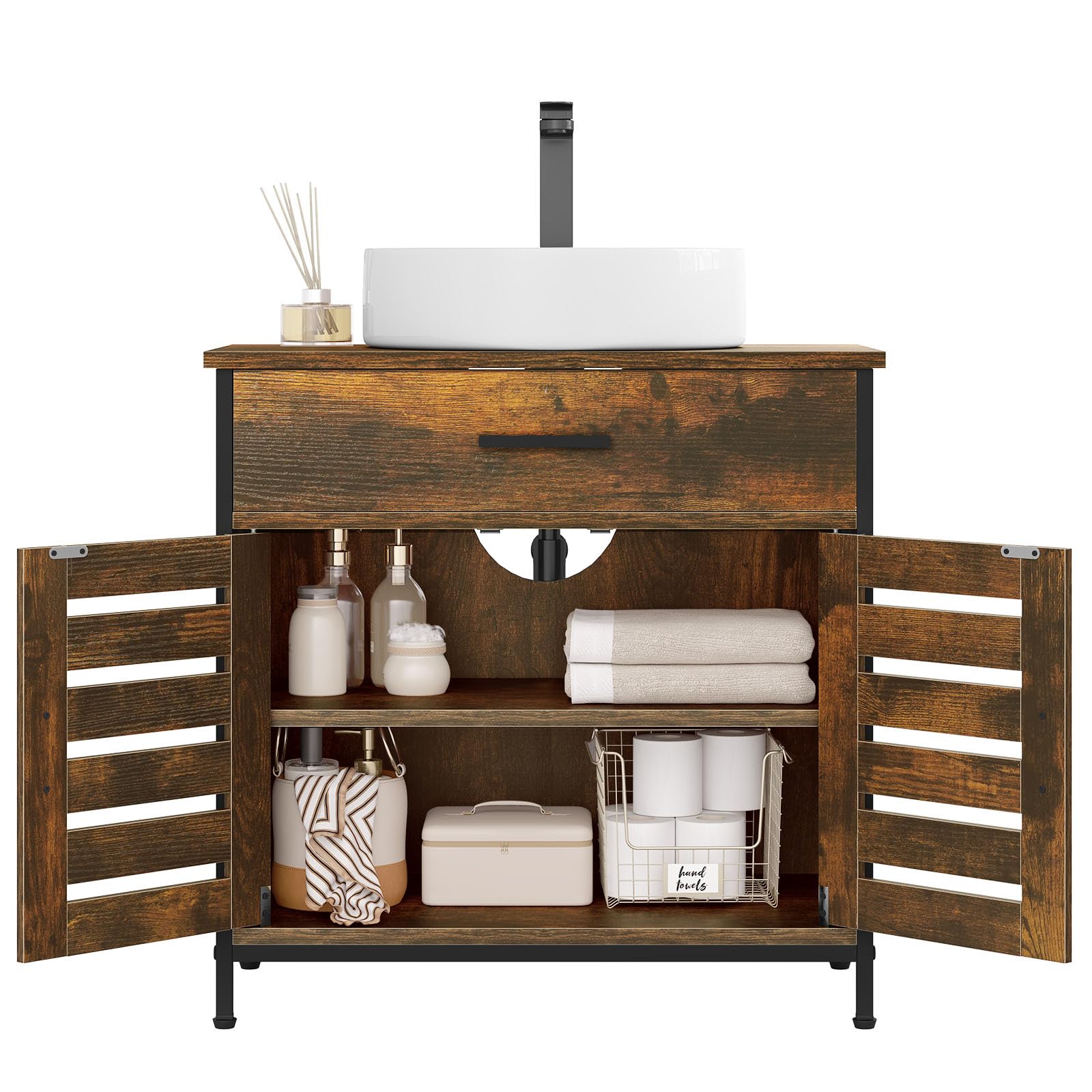 EUGAD Mobiletto, Mobile Lavabo, Mobile Bagno, con 1 Cassetto Grande, 2 Ante a Ribalta, Ripiano Regolabile, MDF, 60x30x60cm, Marrone Rustico