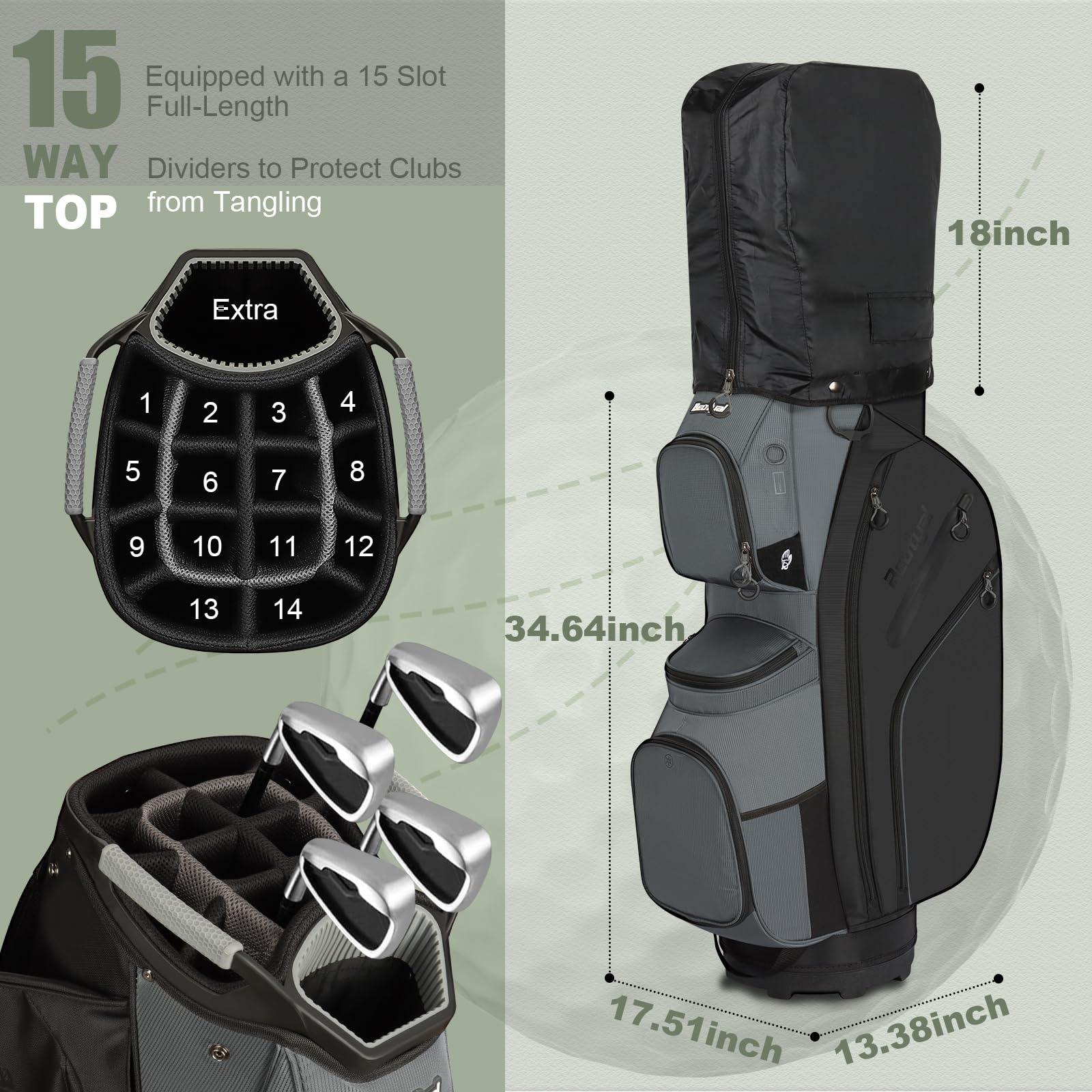 Beutyal Cart Golf Bag 15 Way Golf Cart Bag Full Length Organizer Divider Top Golf Club Bag with Cooler, Rain Cover for Men Women