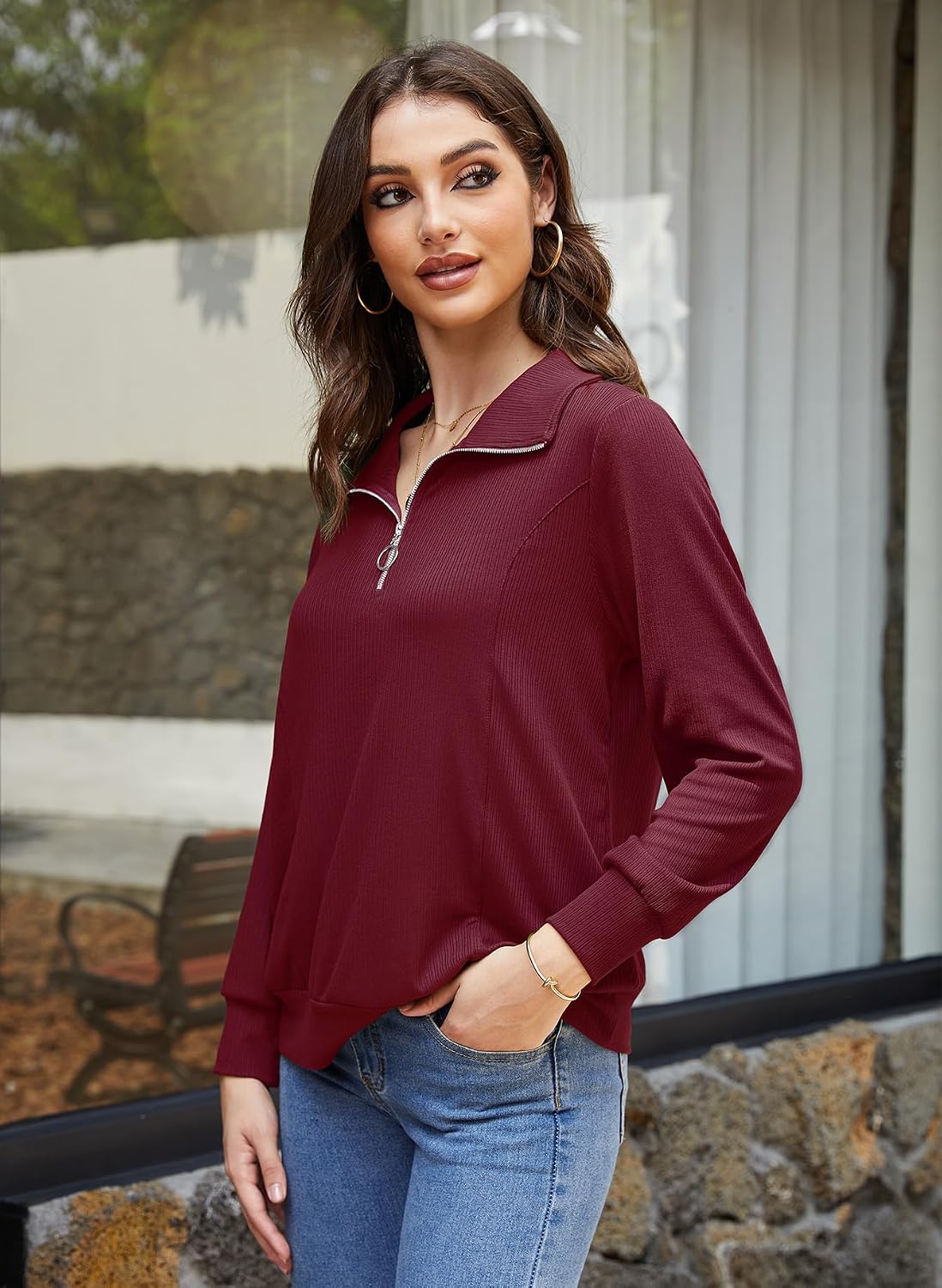 Bulotus Womens Half Zipper Sweatshirt Ribbed Knit Long Sleeve Tops Lapel Casual Lightweight Sweatshirts Loose Pullover
