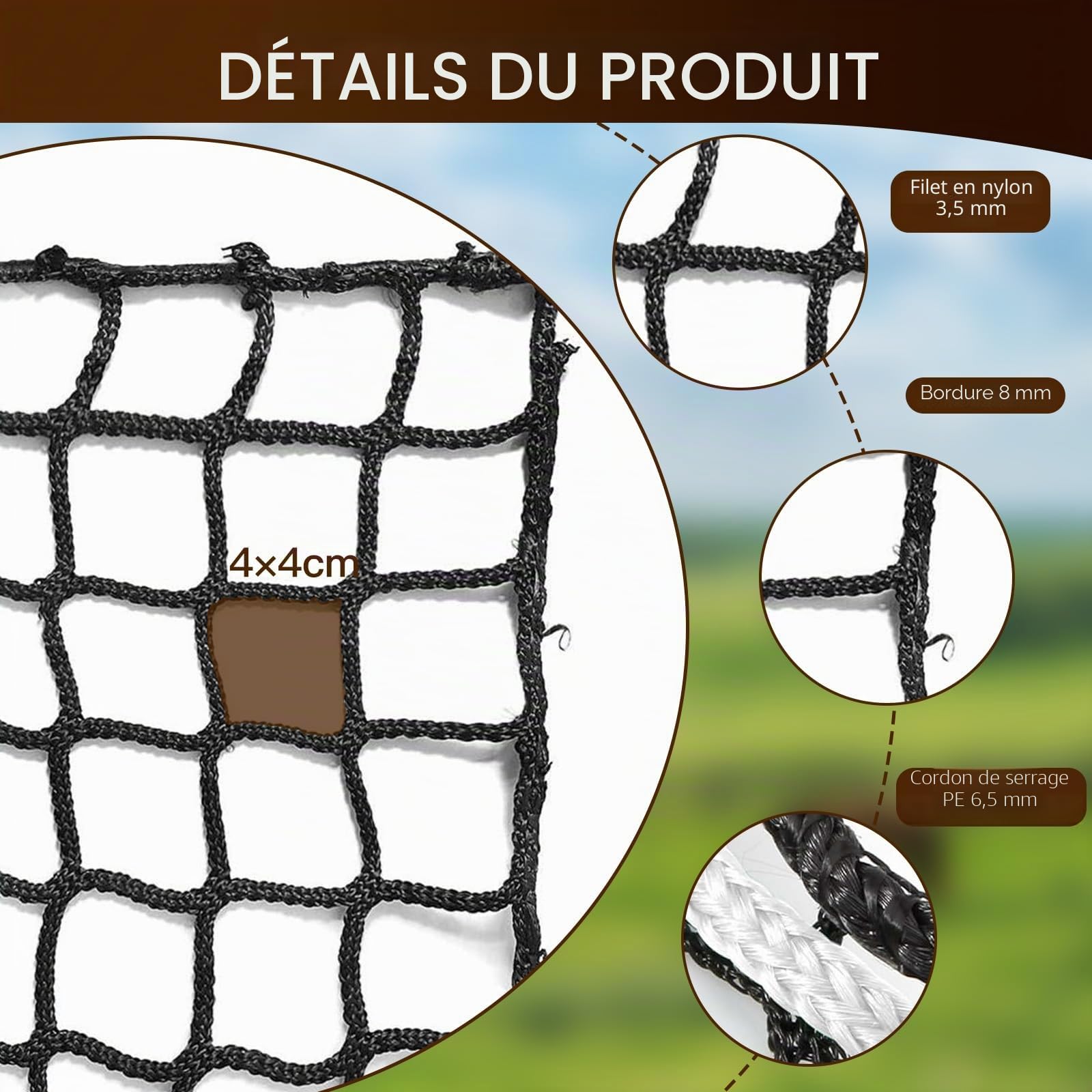 Filet à Foin pour Balles, Rondes ⌀180cm×H180cm, Filet a Foin pour Chevaux/Bovins/Moutons, Convient pour Râtelier à Foin, Maille 4 x 4 cm