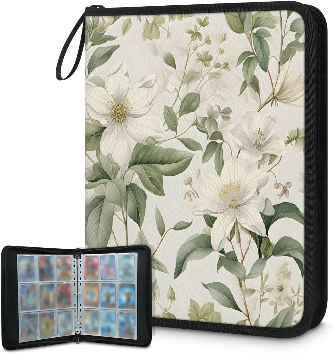 Card Binder 9 Pocket with 50 Removable Sleeves - Holds 900 Trading Cards, Floral Leaves 3-Ring Zip Top Loader Binder, Protective Album for Collectors