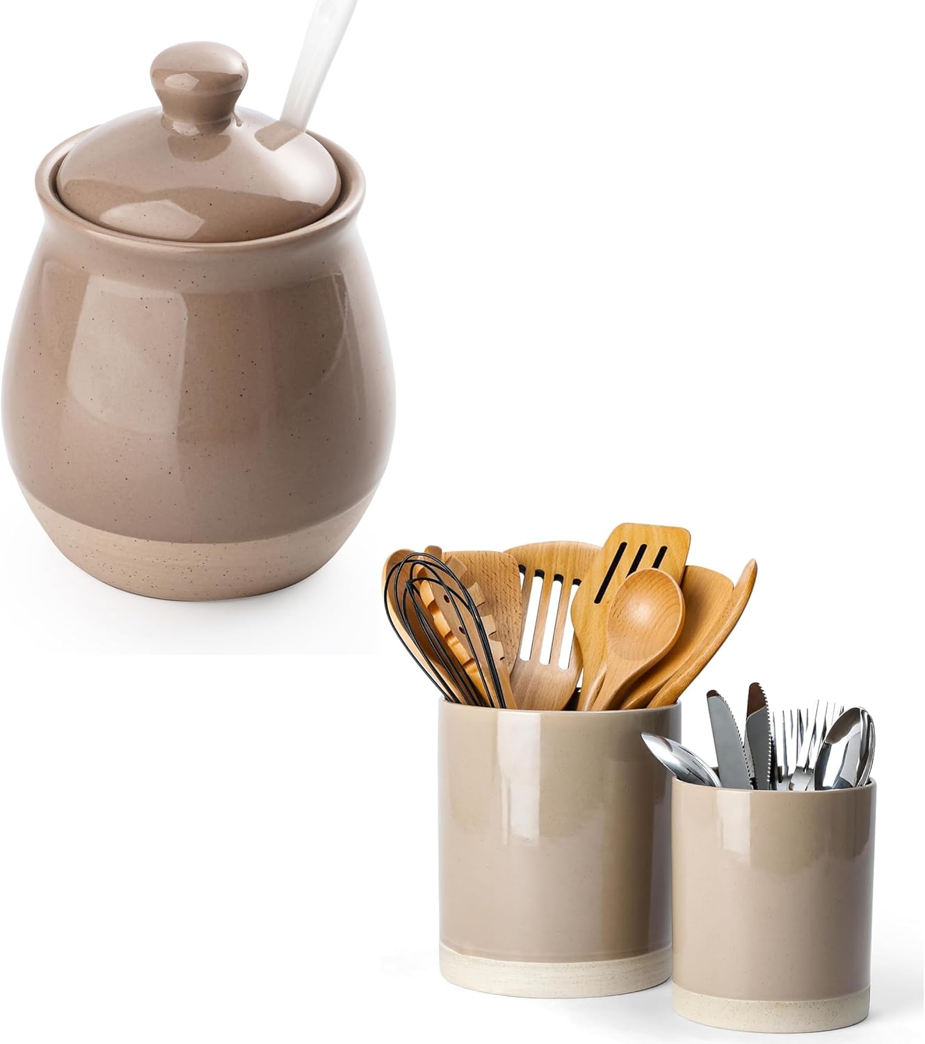 famiware Kitchen Utensil Holder for Countertop and 10 oz Sugar Bowl with Lid and Spoon