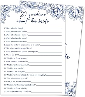 Blue Floral Bridal Shower Game Cards - 20 Questions About The Bride, Engagement Bridal Shower Games for 30 Guests, Double Sided Cards Set of 30, Wedding Bachelorette Activity Supplies & Favor/B14