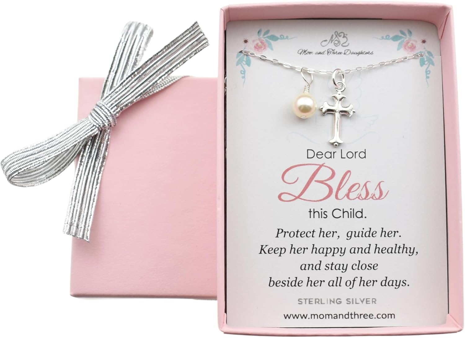 Cross with Pearl Necklace | 925 Sterling Silver | 14" Cable Chain | Little Girls Jewelry | Gift for Baptism | First Communion Jewelry
