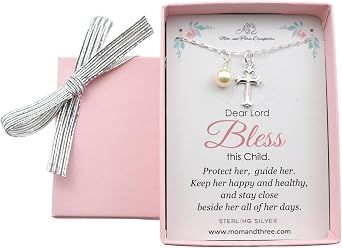 Cross with Pearl Necklace | 925 Sterling Silver | 14" Cable Chain | Little Girls Jewelry | Gift for Baptism | First Communion Jewelry