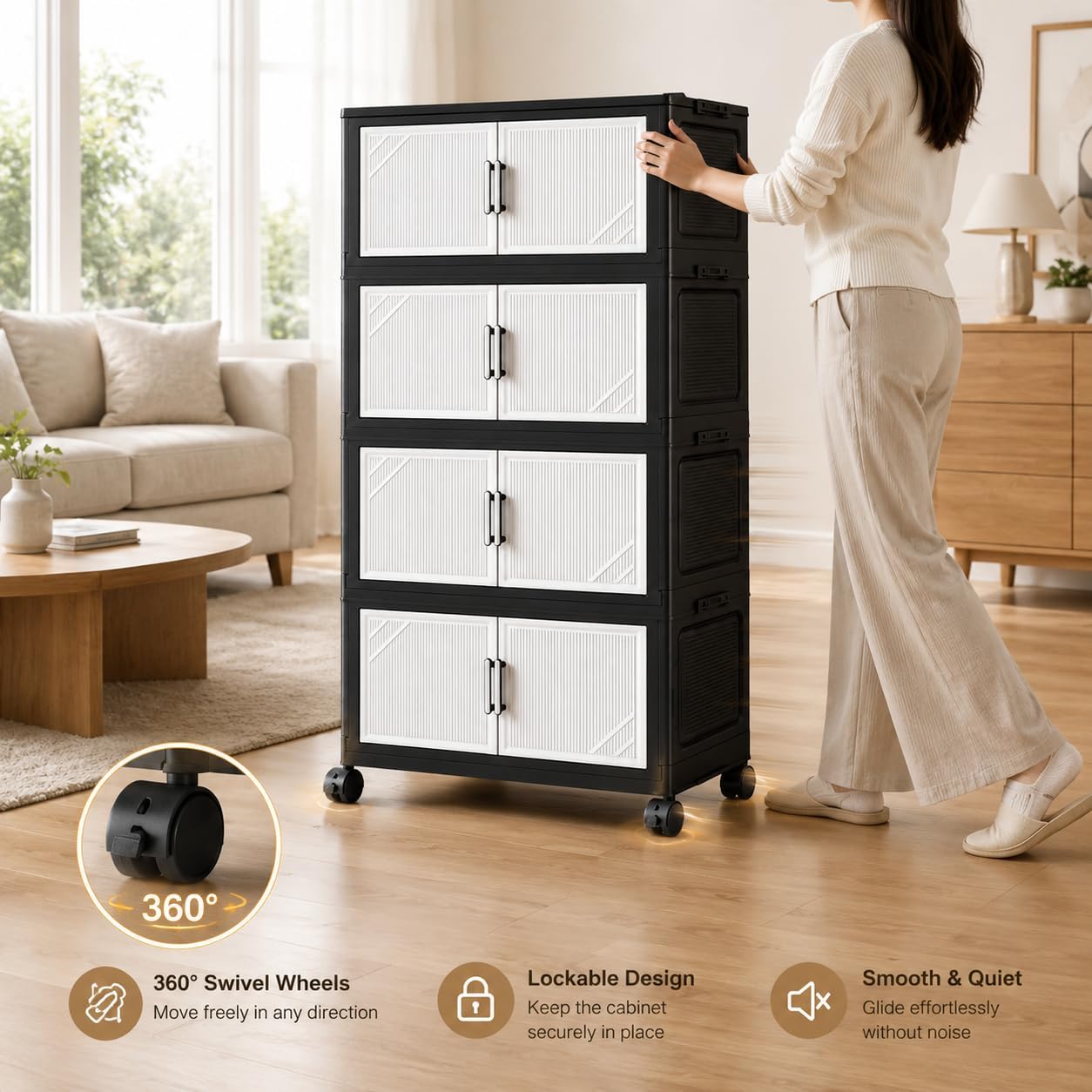 5 Tier Foldable Storage Cabinet with Top Lid, Tall Mobile PP Storage Organizer with Magnetic Doors and Wheels, Space-Saving Collapsible Organizer for Bedroom Living Room Kitchen Pantry Bathroom