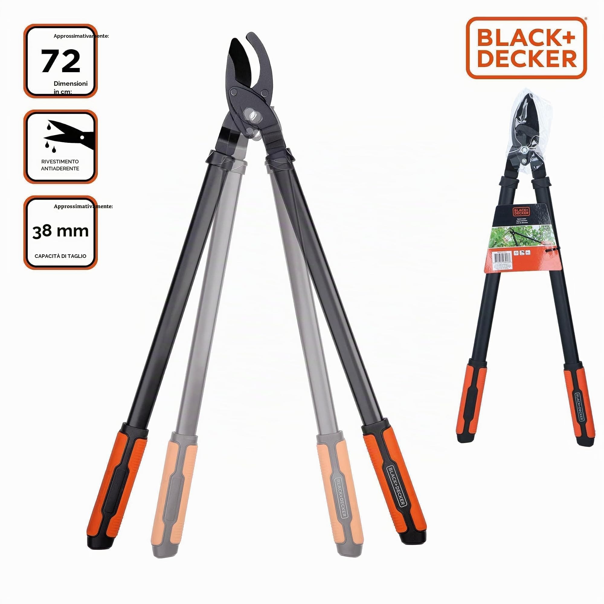 BLACK+DECKER Troncarami - Capacità di taglio 38 mm - 72 cm - Troncarami con rivestimento antiaderente sulle lame - Nero/Arancione