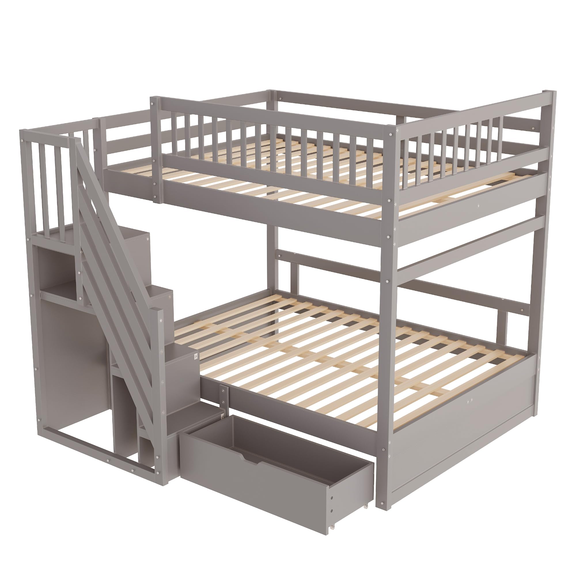 Kinderbett Etagenbett 140x200, Hochbett für 4 Kinder, Stockbett mit Treppe&Aufbewahrungsschrank&Schublade, Holzbett Jugenbett Funktionsbett mit Lattenrost&Rausfallschutz,Kiefernholz,Ohne Matratze,Grau