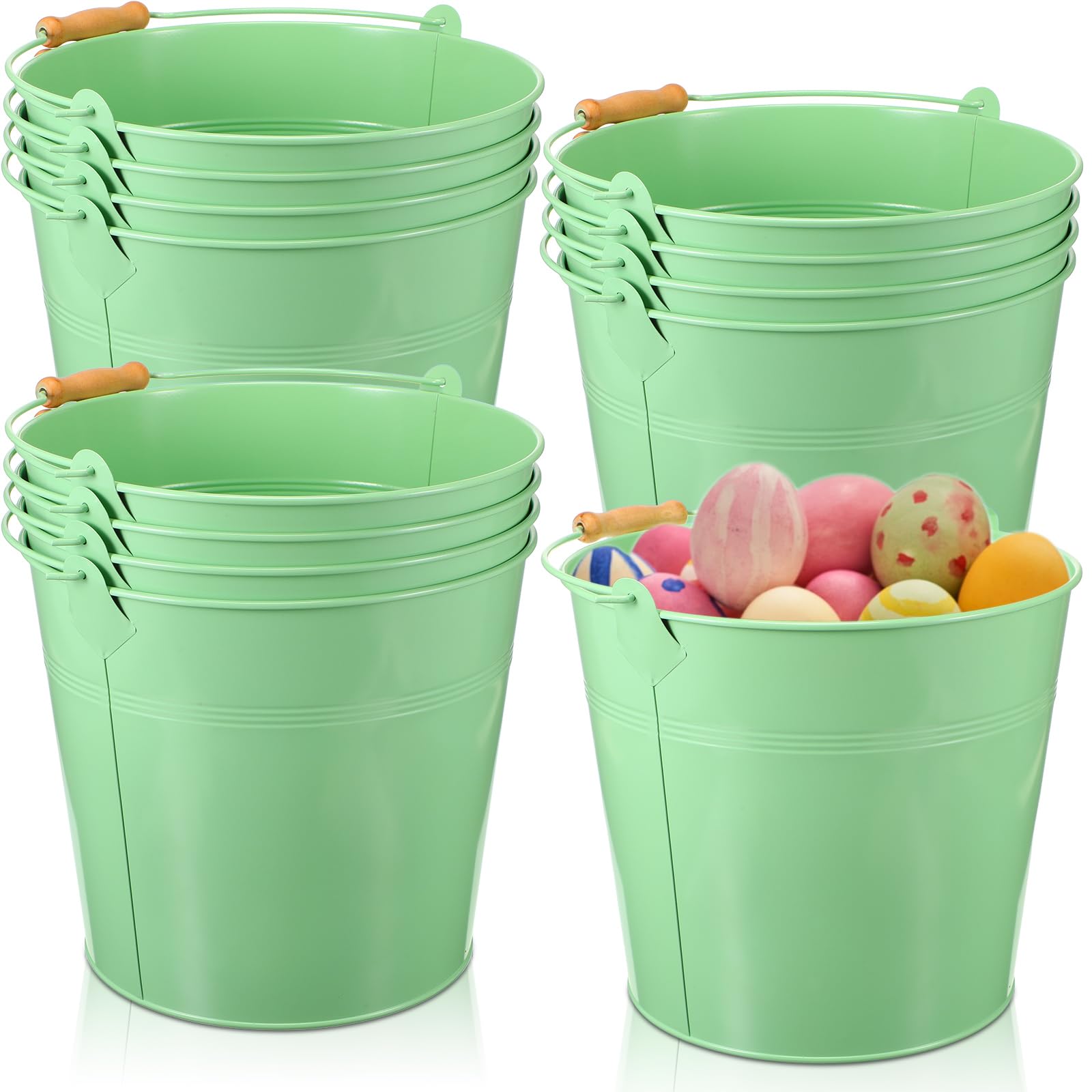 12 Pcs Large Galvanized Metal Buckets with Handle 10 Inch Heavy Duty Stainless Steel Pails Round Pail for Party Wedding, Crafts, Utensils, Table Centerpieces (Light Green)