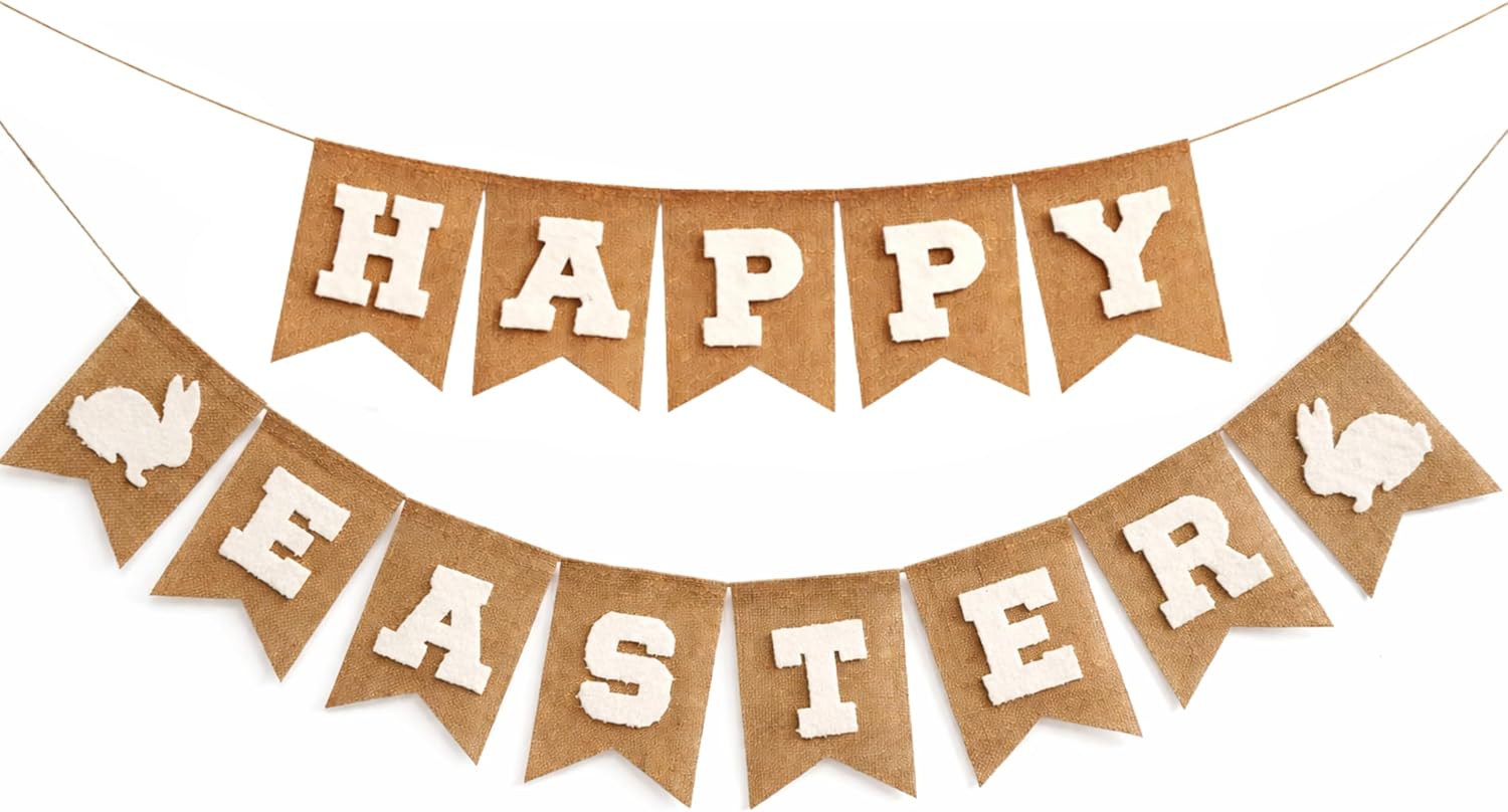 Happy Easter Banner Burlap Garland, Bunny Egg Rustic Farmhouse Spring Decorations for Mantel Fireplace, Easter Party Decor Home Holiday Supplies (White Bunny)