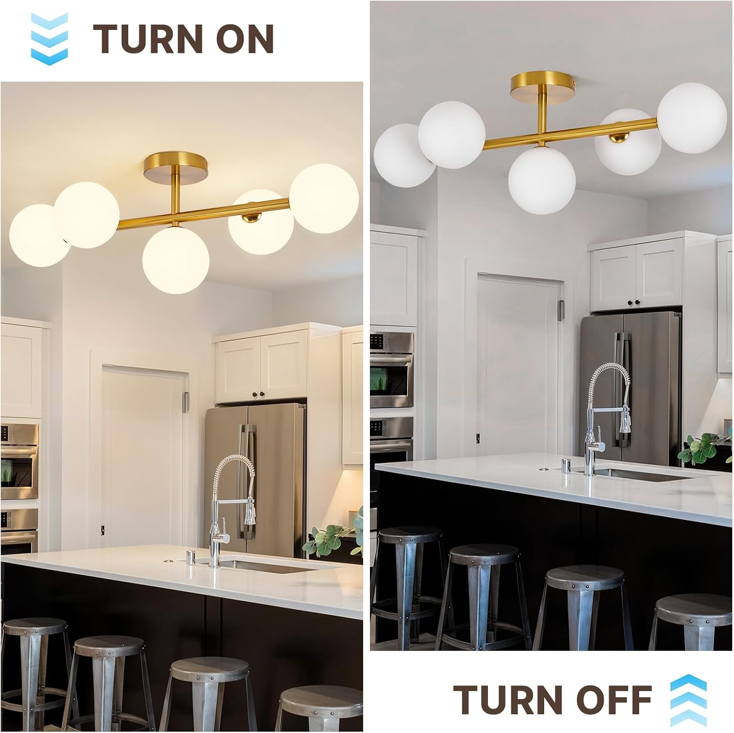 Globe Milk Glass Ceiling Light: Gold 5 Lights Semi Flush Mount Ceiling Light - Linear Century Modern Lighting Fixture - 27 Inch Brass Glass Lights with Sphere Shade for Bedroom Living Room Hallway