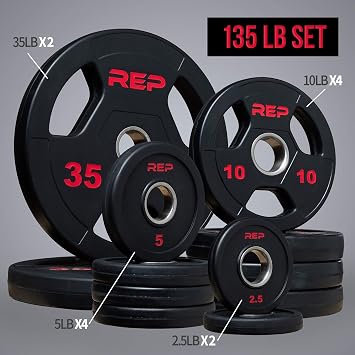 REP Fitness Rubber Coated Olympic Plates, Updated Design - Tri-Grip Olympic Barbell Weights Sold in Pairs and Sets...