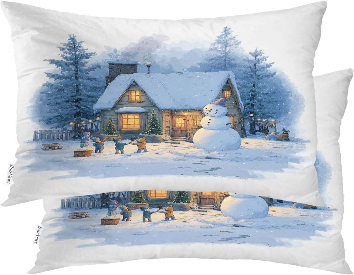 Snowy Scene Children Playing Pillowcases, Winter Cottage with Snowman Bed Pillow Cover Digital Blended Hidden Zipper for Hair Skin Lumbar 20X26 in 2 Pcs