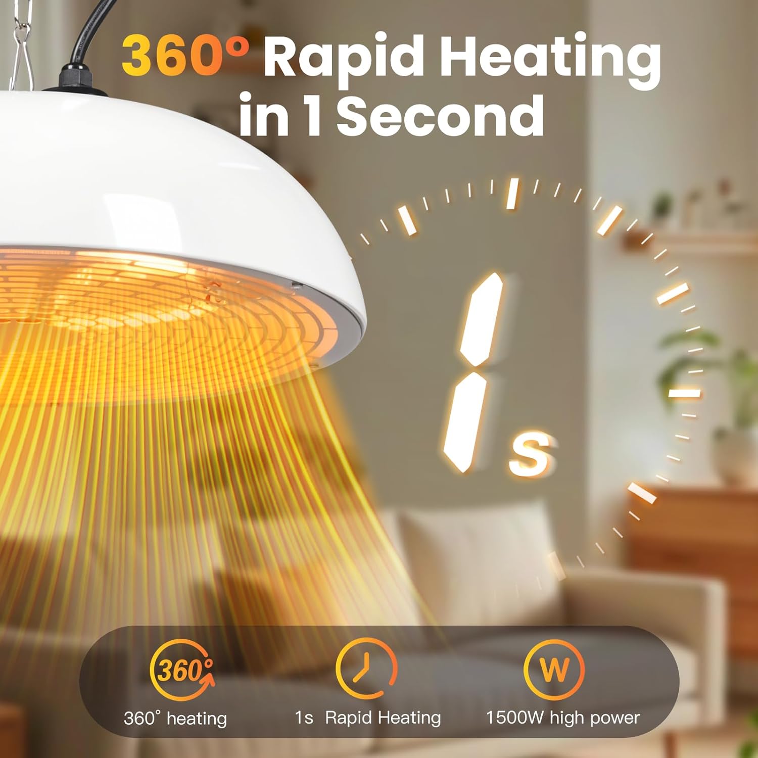 1500W Electric Hanging Patio Heater, 3S Instant Heat, Ceiling-Mounted Outdoor Heater with Quiet Operation, Overheat Protection, IP55 Waterproof for Patio, Balcony & Garage,white