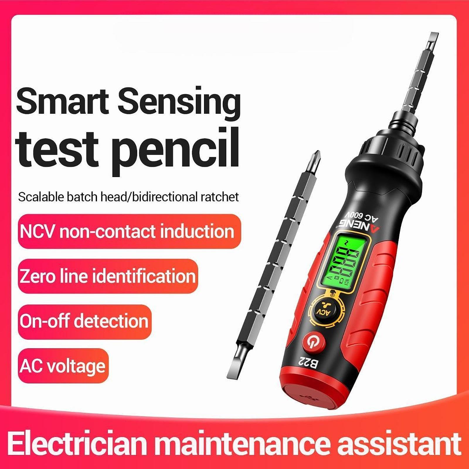 Elektrischer Prüfgerät Stift Spannungsprüfer Schraubendreher Drahtdetektor set aus Metall Einhandbedienung für Werkstatt Innenausbau, Rot
