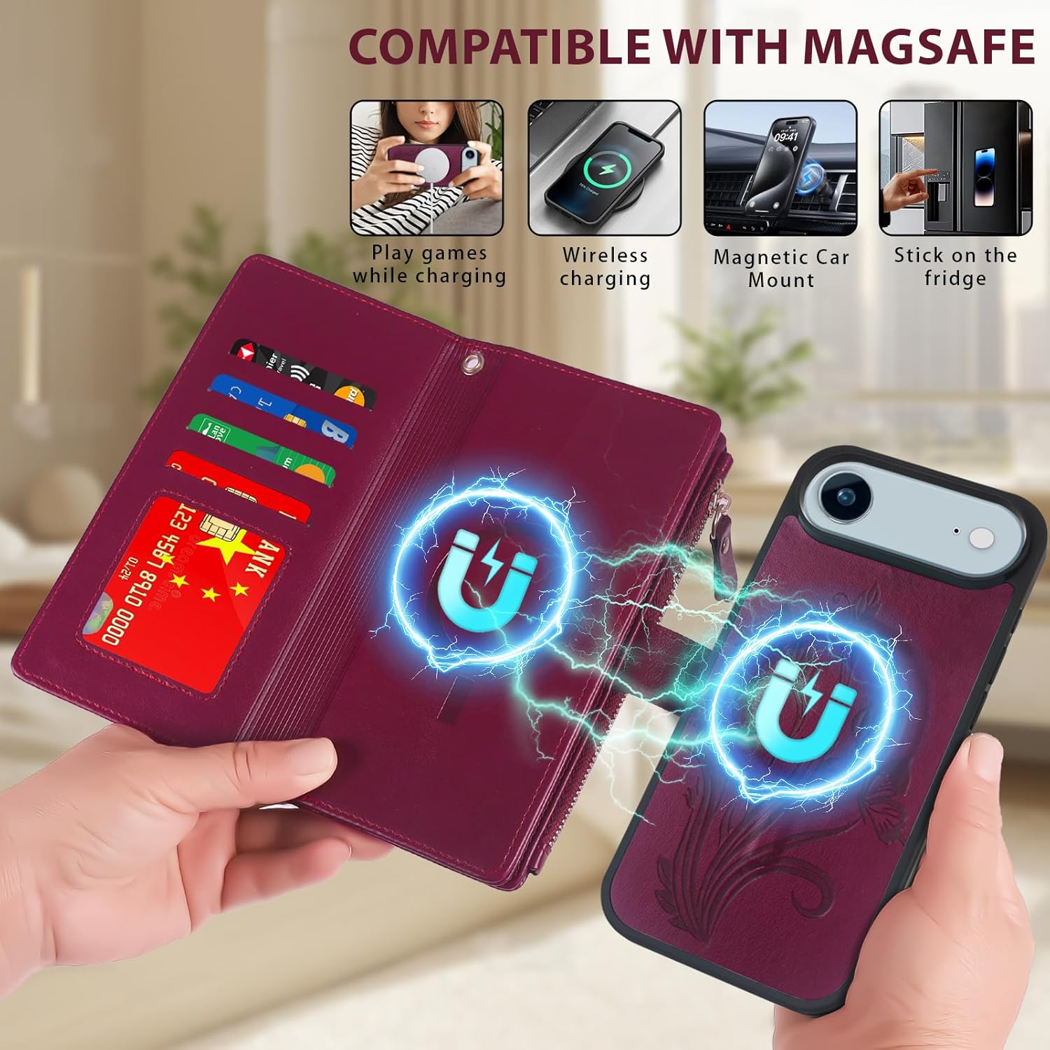 Lacass for iPhone 17 AIR Case Wallet,Compatible with MagSafe 2 in 1 Magnetic Detachable PU Leather RFID Blocking Wallet Cover Card Holder Zipper Wrist Strap Lanyard,Floral Wine Red - Image 2