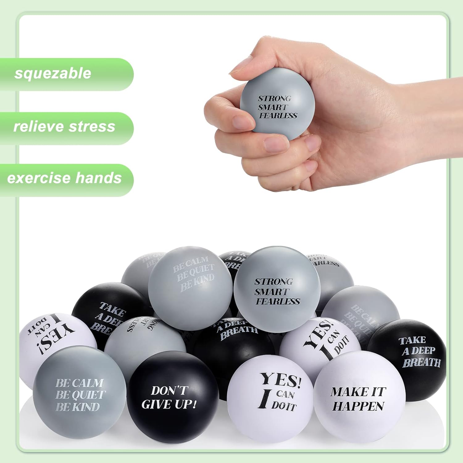 Jerify 60 Pcs Motivational Stress Balls Quote Relief Ball 1.57' Inspirational Foam Stress Ball Bulk Small Anxiety Hand Exercise Balls for Kids Teens Adults Relieve Anxiety Party(Black, White, Gray)
