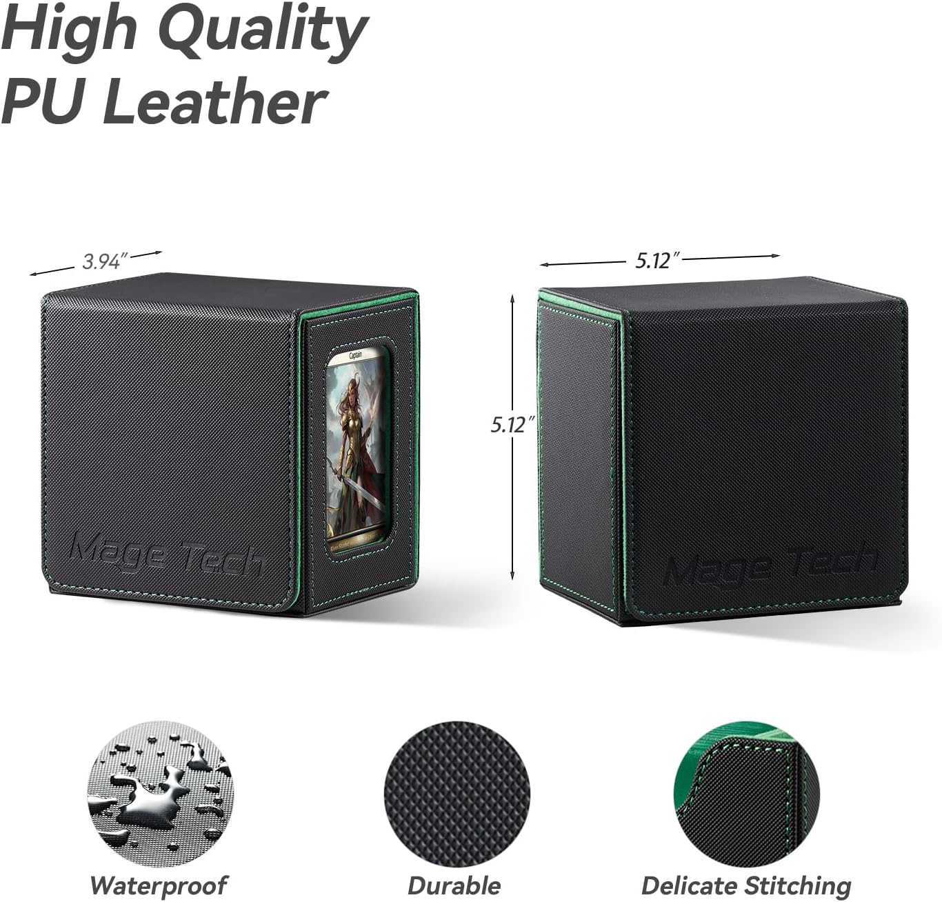 Mage Tech Card Deck Box for MTG Commander - Patented Design, Commander Display, Fits 100 Double-Sleeved Cards, 35pt Card Brick & Dice Tray - Black/Green