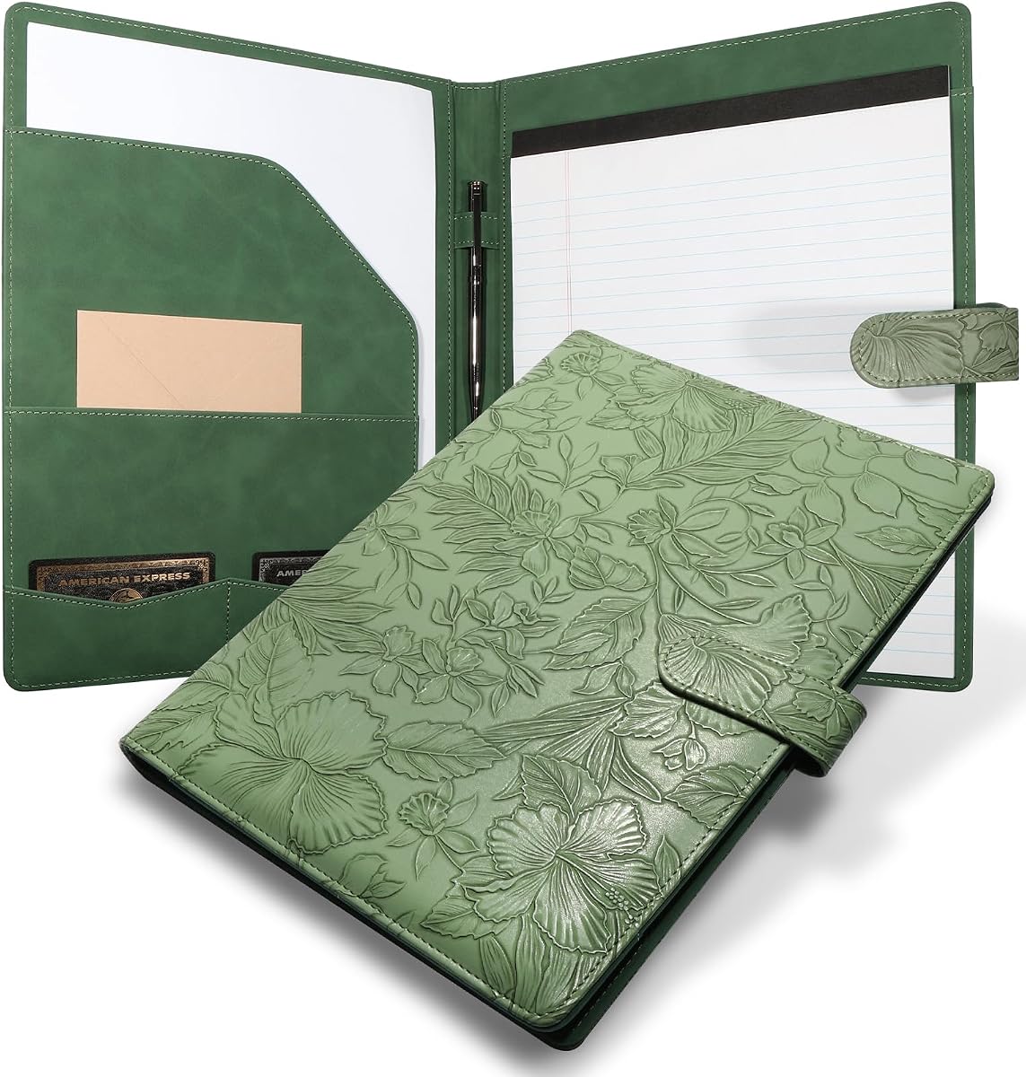 Professional Padfolio Portfolio Binder, Textured Embossing Faux Leather | Green, Folder Organizer for Letter Size Legal Pad Notepad Resume, Card Holder for Women Men Business Office Conference