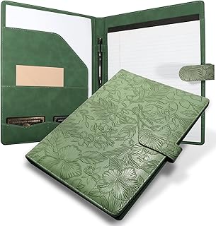 Professional Padfolio Portfolio Binder, Textured Embossing Faux Leather Folder Organizer for Letter Size Legal Pad Notepad Resume, Card Holder for Women Men Business Office Conference (Green)