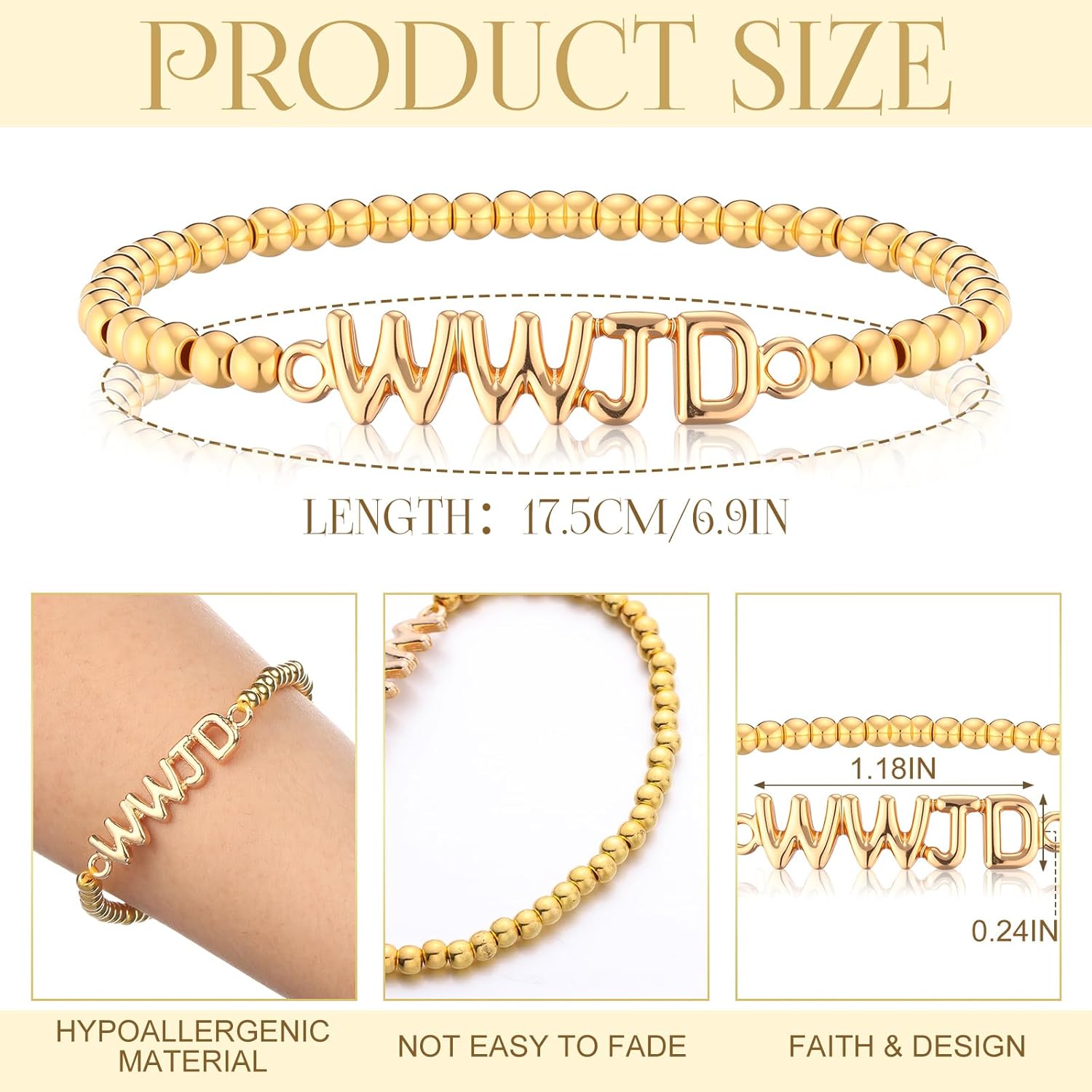 24 Pcs WWJD Gold Beaded Bracelets Christian Valentine Gift Bulk for Women Men What Would Jesus Do Adjustable Bracelets Bulk Inspirational Religious Faith Jewelry Gifts Church Fundraiser Favors - Image 2