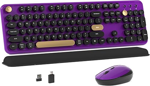 Miniatura 14 de Combo de teclado y mouse inalámbricos de color con teclas redondas estilo máquina de escribir, diseño retro, interruptor de encendido, diseño negro,