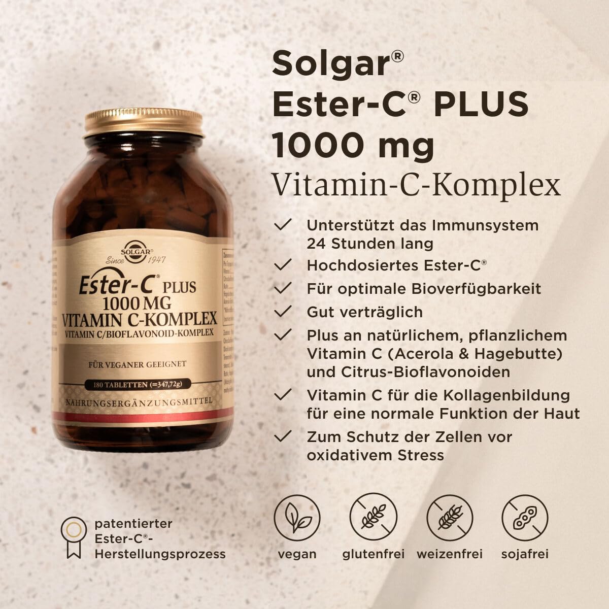 SOLGAR® Ester-C Plus (1000 mg) | Vitamin C-Komplex mit patentiertem Ester-C®, Citrus Bioflavonoiden, Acerola-Extrakt, Hagebutten-Pulver und Rutin | 180 vegane Tabletten