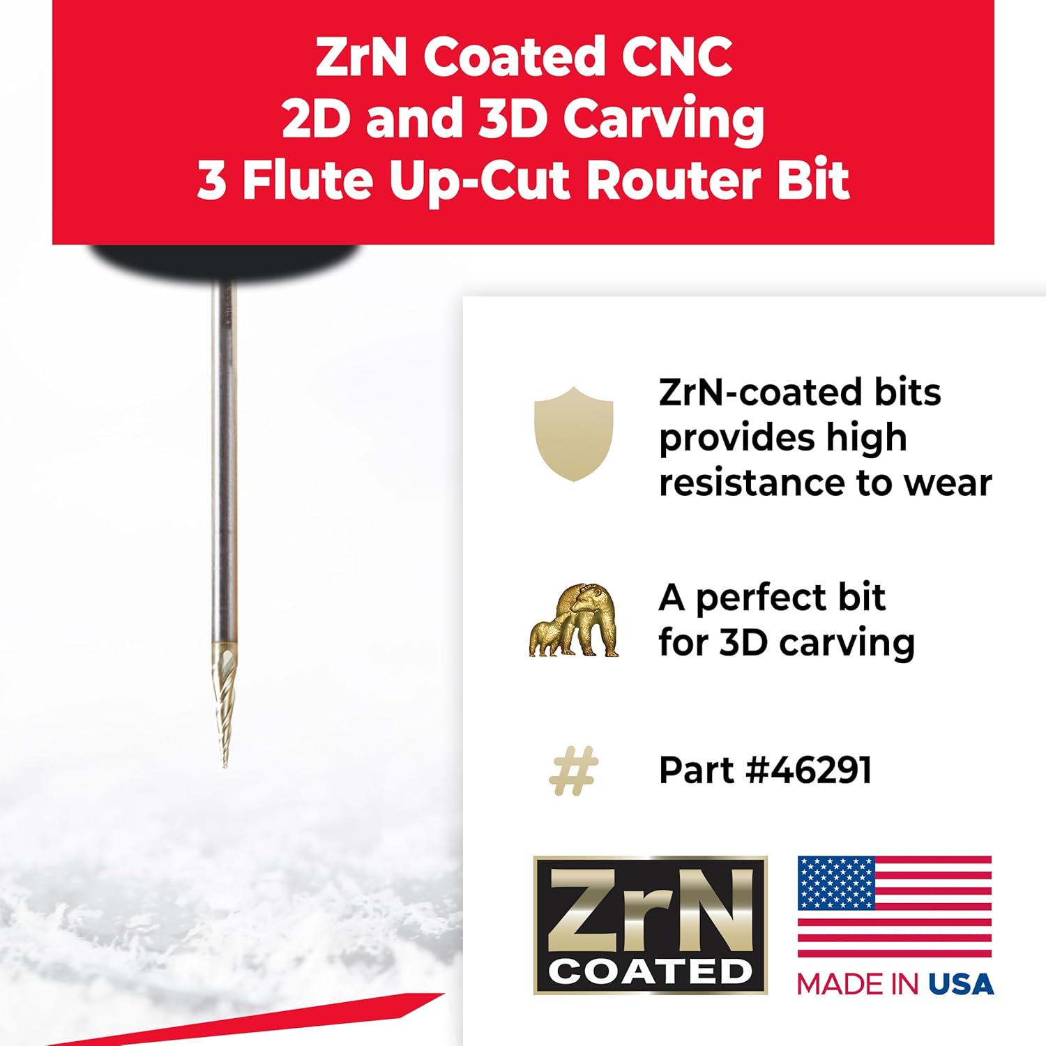 Amana Tool Up Cut Spiral CNC Router Bits for 2D/3D Carving, ZrN Coated, 46291, 6.2 Deg Angle Ball Tip x 1/32 D x 1/64 R x 0.445 x 1/8 Shk x 3 Fl