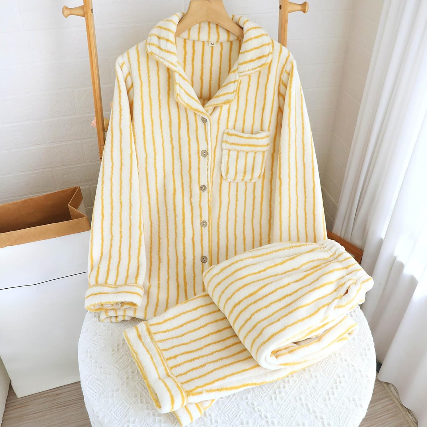 Women Fuzzy Pajama Set, Long Sleeve Button-Down Soft Comfy Pj Two-Piece Sleepwear Winter Striped Fleece Lounge Set