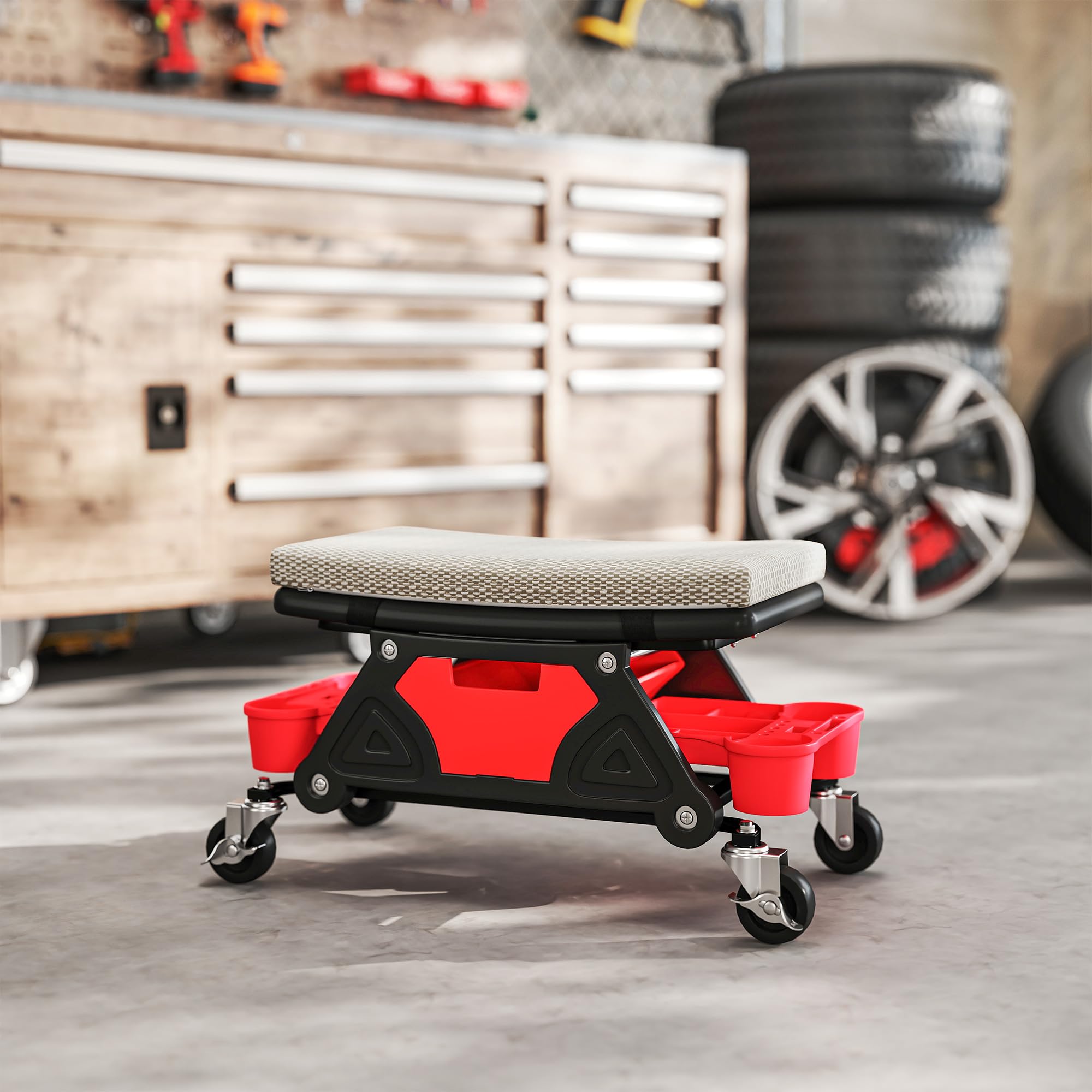 HOMCOM Werkstatthocker mit Rollen Ablagefläche Schublade 35cm hoch Rollhocker bis 135 kg belastbar Arbeitshocker Rollsitz Werkstattsitz für Werkstatt Grau