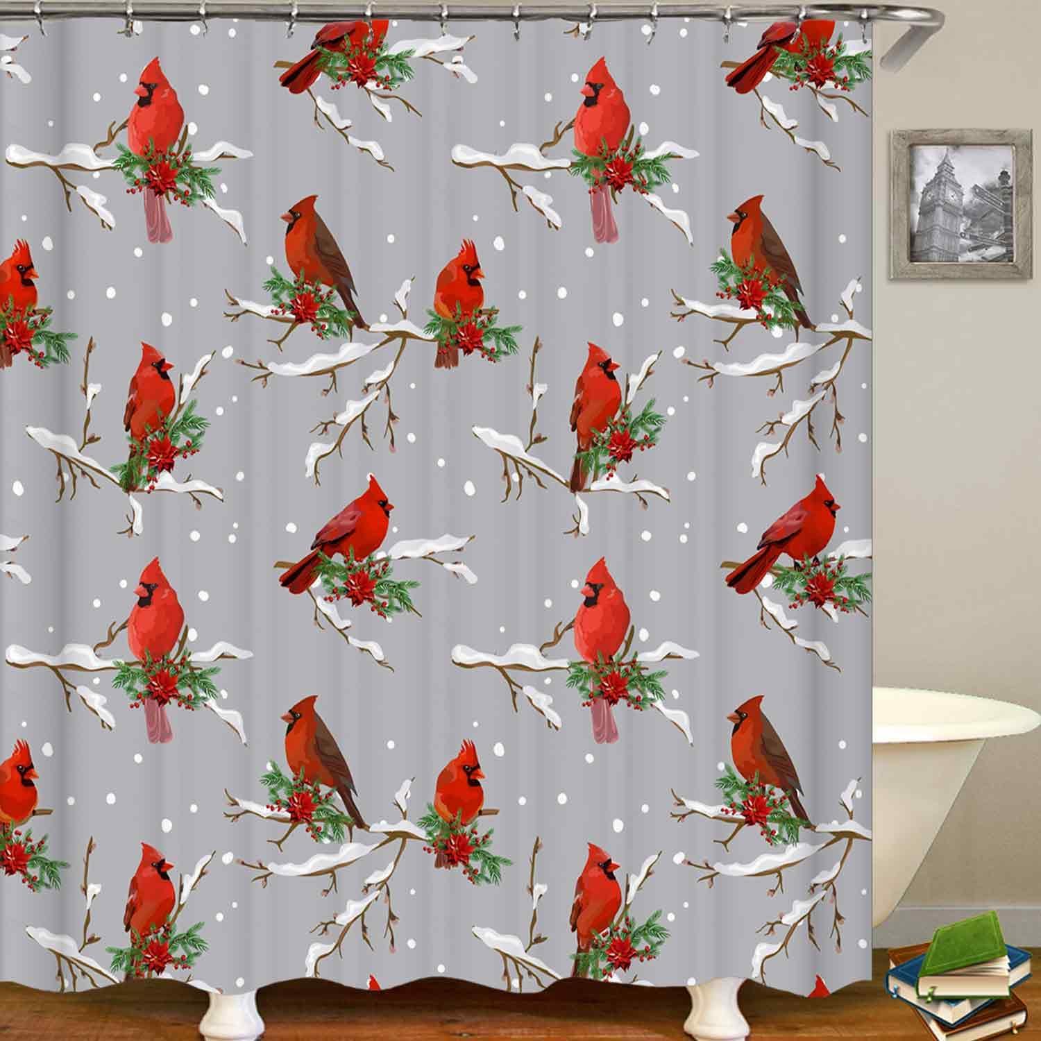 4PCS Christmas Cardinal Shower Curtain Set, Waterproof Fabric Grey Shower Curtain, Non-Slip Bath Mat Bathroom Rugs, Red Bird Poinsettia Floral Plant Branch Winter New Year Xmas Bathroom Decor